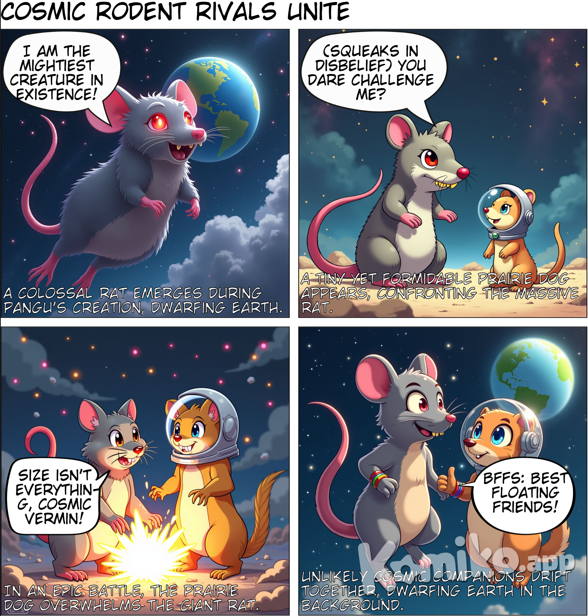 During the time when Pangu opened the sky, a giant rat was born. It was floating in the universe and was larger than the earth. However, it met a prairie dog that was superior to it. After a fierce battle, the giant rat was defeated. They Became friends and drifted in the universe