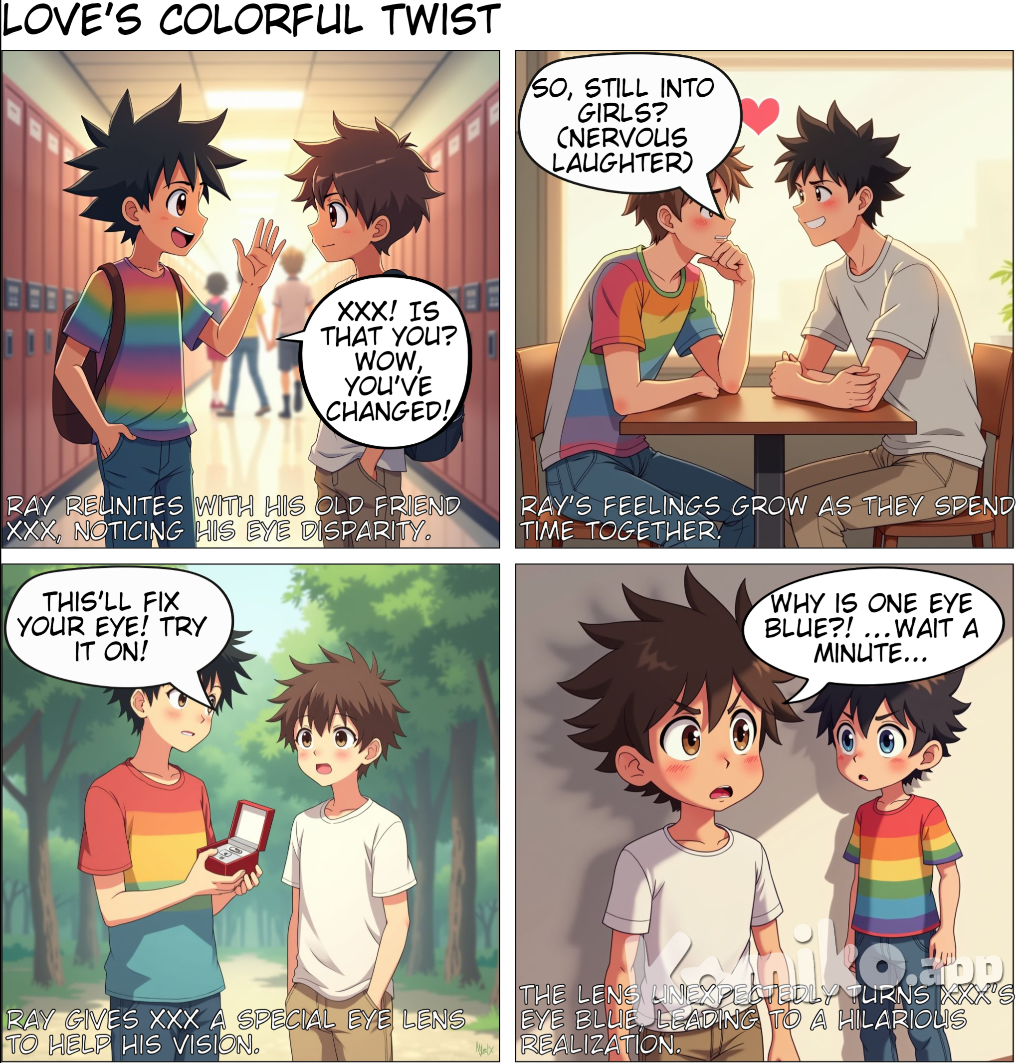 A young high schooler Ray is openly gay. He meets his old friend XXX from primary school who has a visual disparity in one eye. He slowly falls in love with him but XXX is a straight. After some time together Ray decided to buy XXX an eye lens, a new high tech that could fix his disparity. After XXX started wearing this lens, he founds out that the lens made his eye a different color than the other one, new eye looks like it’s blue.   Although XXX knows that Ray is gay he doesn’t know about his feelings towards him but he has some suspicions.