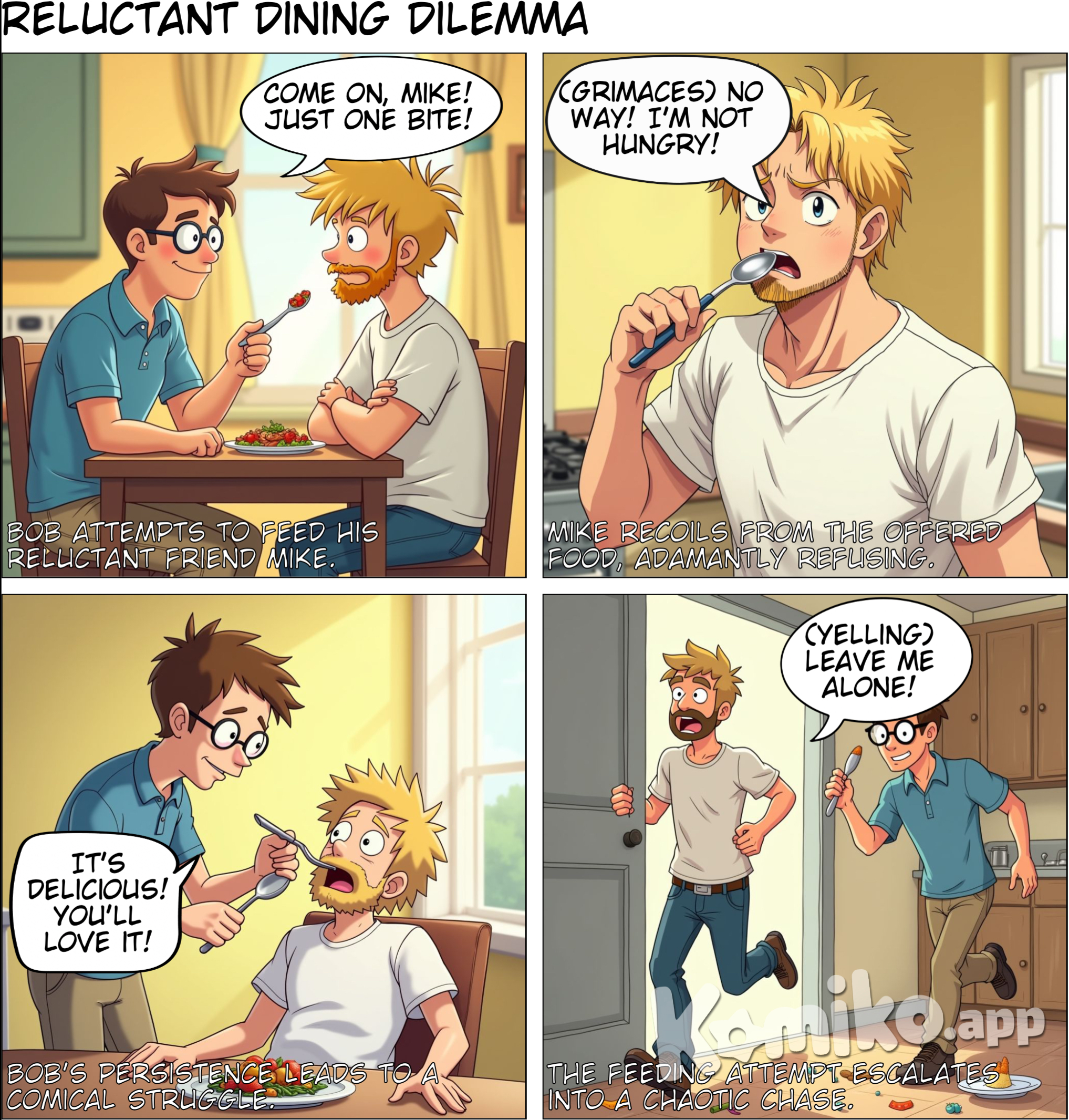 A men trying to feed the his male friend but the male friend does not want to eat