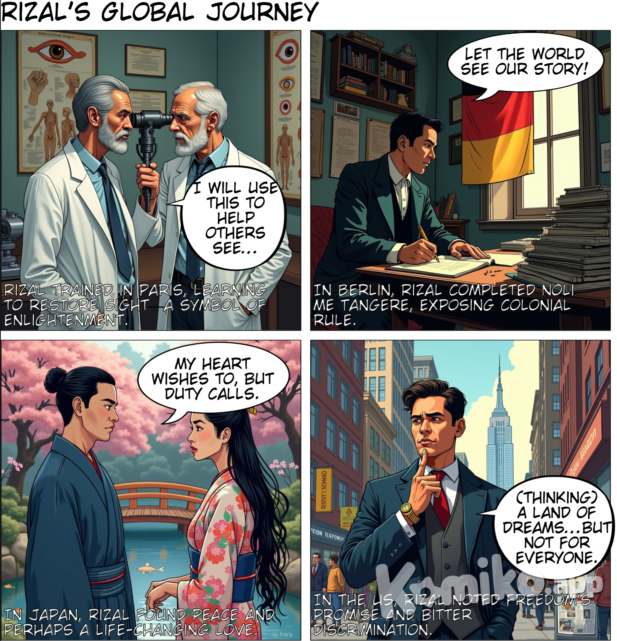 [Panel 5] Background: Paris, France. Rizal is shown practicing ophthalmology under the guidance of a French doctor. Text Box: "He trained in Paris, learning how to restore sight—a powerful symbol of the enlightenment he wished for his people." Rizal: "I will use this knowledge to help others see...and to open the eyes of our nation." [Panel 6] Background: Berlin, Germany. Rizal is shown finishing his manuscript. Text Box: "In Berlin, Rizal completed Noli Me Tangere, a novel that would shake the Philippines and expose the truth of colonial rule." Rizal (writing): "Let the world see our story!" [Panel 7] Background: A traditional Japanese garden. Rizal, dressed in a kimono, is talking to Seiko Usui (O-Sei-San). Text Box: "In Japan, Rizal found peace...and perhaps a love that could have changed his life." O-Sei-San: "Will you stay, José?" Rizal: "My heart wishes to, but my duty calls me back to my people." [Panel 8] Background: A busy street in New York. Rizal is observing the city. Text Box: "He traveled to the United States, noting both its promise of freedom and the bitter discrimination within." Rizal (thinking): "A land of dreams…but not for everyone." [Panel 9] Background: Hong Kong. Rizal is setting up an eye clinic, treating a Filipino patient. Text Box: "In Hong Kong, Rizal established a clinic, treating his fellow Filipinos and planning his return." Rizal: "I’m always drawn back to the Philippines, no matter how far I roam."