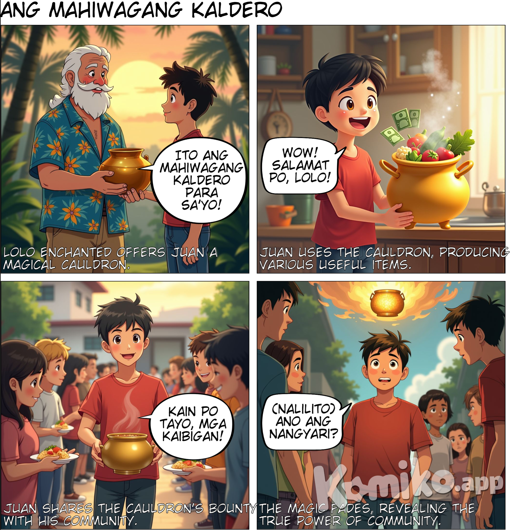 Nakikita ko sa iyo na ikaw ay masipag at may magandang puso, nais kung ibibigay sayo ang kalderong ito pero sa isang kondisyon. Ang kalderong ito ay may kapangyarihang  bumuti ang iyong buhay kung gagamitin mo ito sa magandang paraan. Patuloy kang tumulong sa iyong komunidad. 