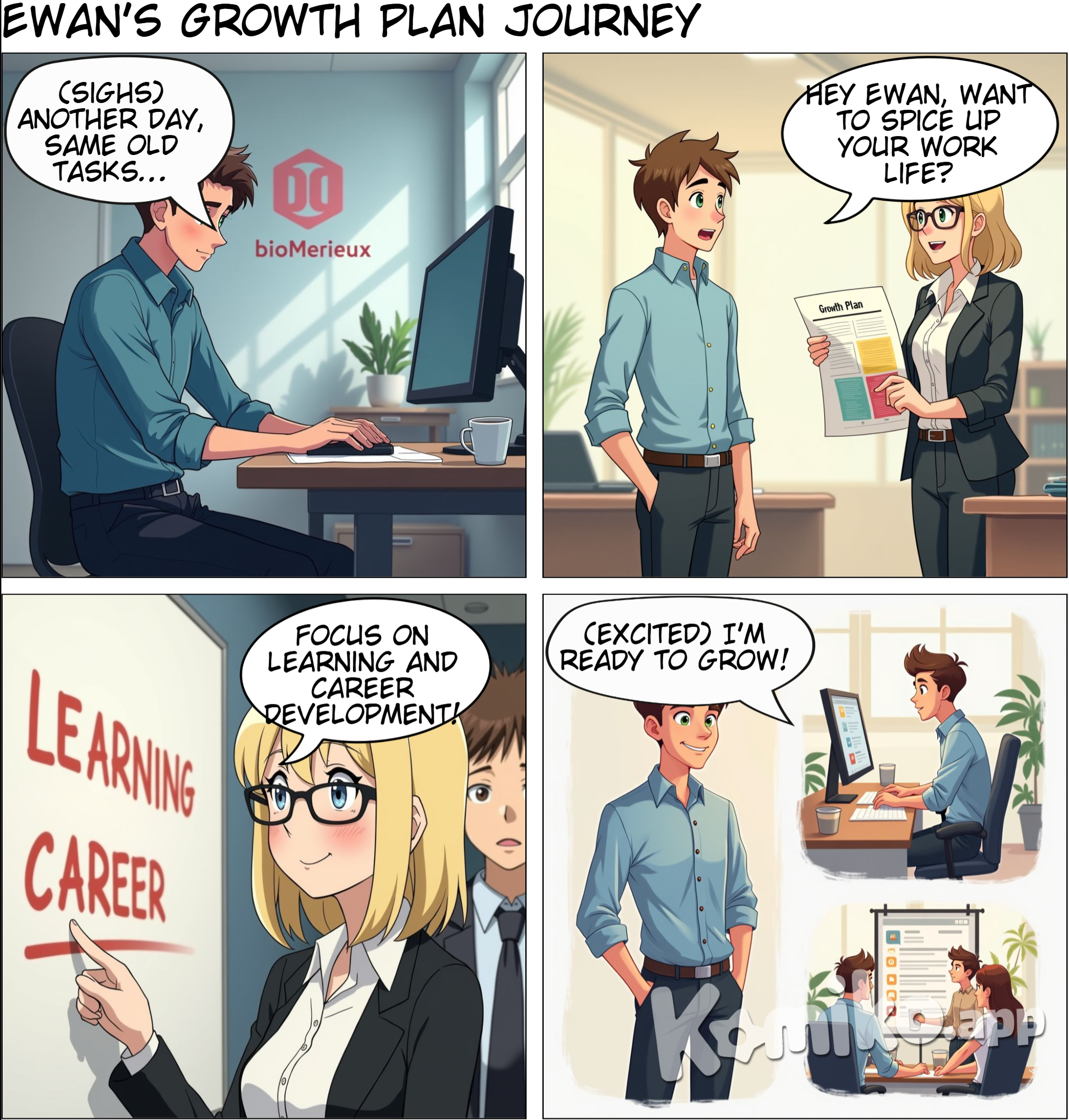 Ewan is a young motivated employee of bioMerieux company, working in the Supply Chain department. He wants to make sure his daily work will remain interesting and motivating. His colleague Pam explains to him that in order to do so, she develops her “growth plan” about LEARNING and CARREER. She explains the 4 key prerequisite for a successful growth plan: being autonomous , being open minded to new concepts & ideas, manage his time efficiently.