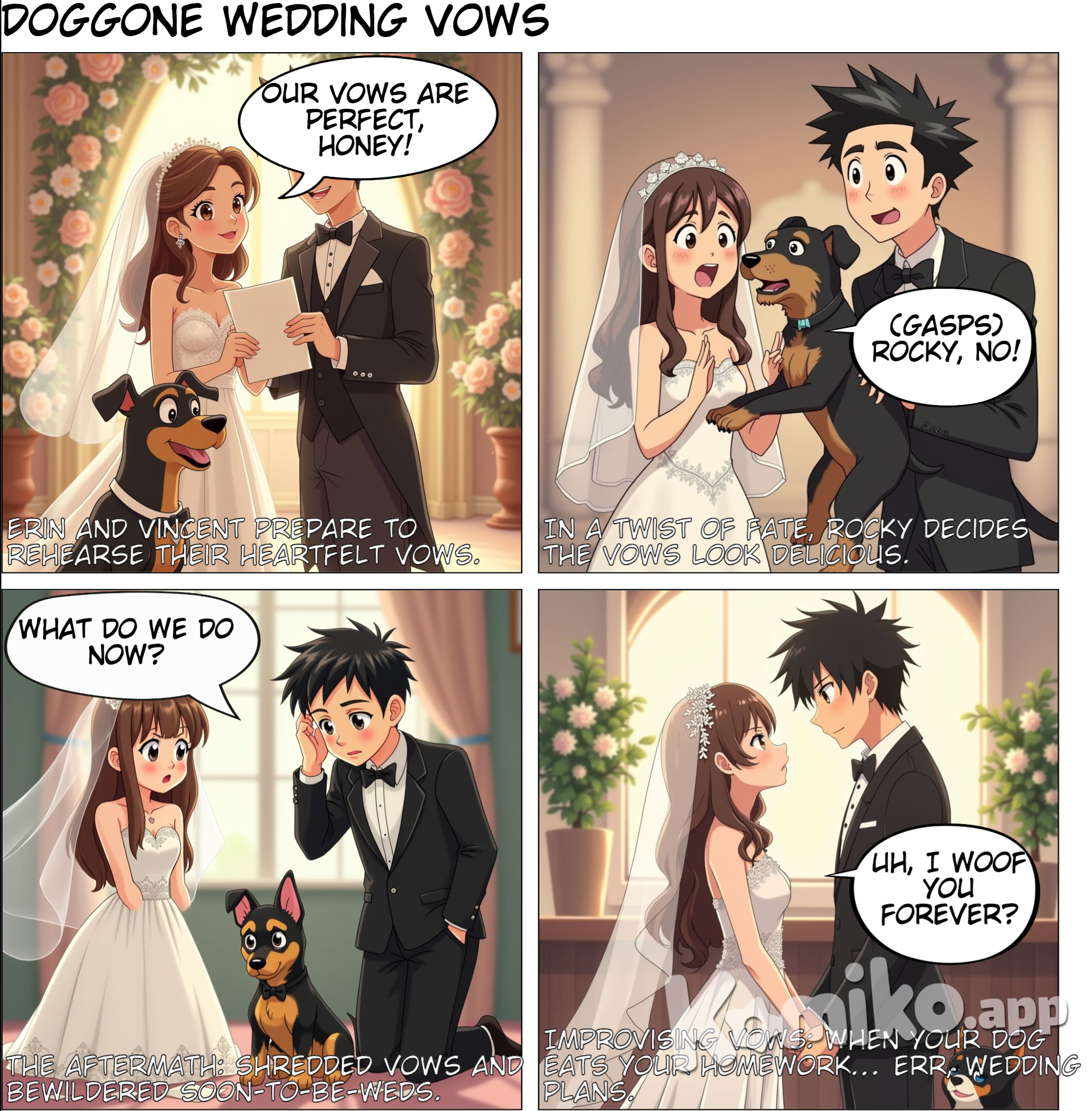 erin and vincent are getting married but their dog rocky eats their vows before the ceremony. erin is a short woman with long brown hair with blonde highlights. Vincent is tall and taiwanese with dark spiky hair and dark eyes. Rocky is a Classic movie looking dog big human esque eyes. Black fur with a slight tan beard and small tan eyebrows. after rocky eats their vows, they are at the altar and say "uh, I woof you forever?"