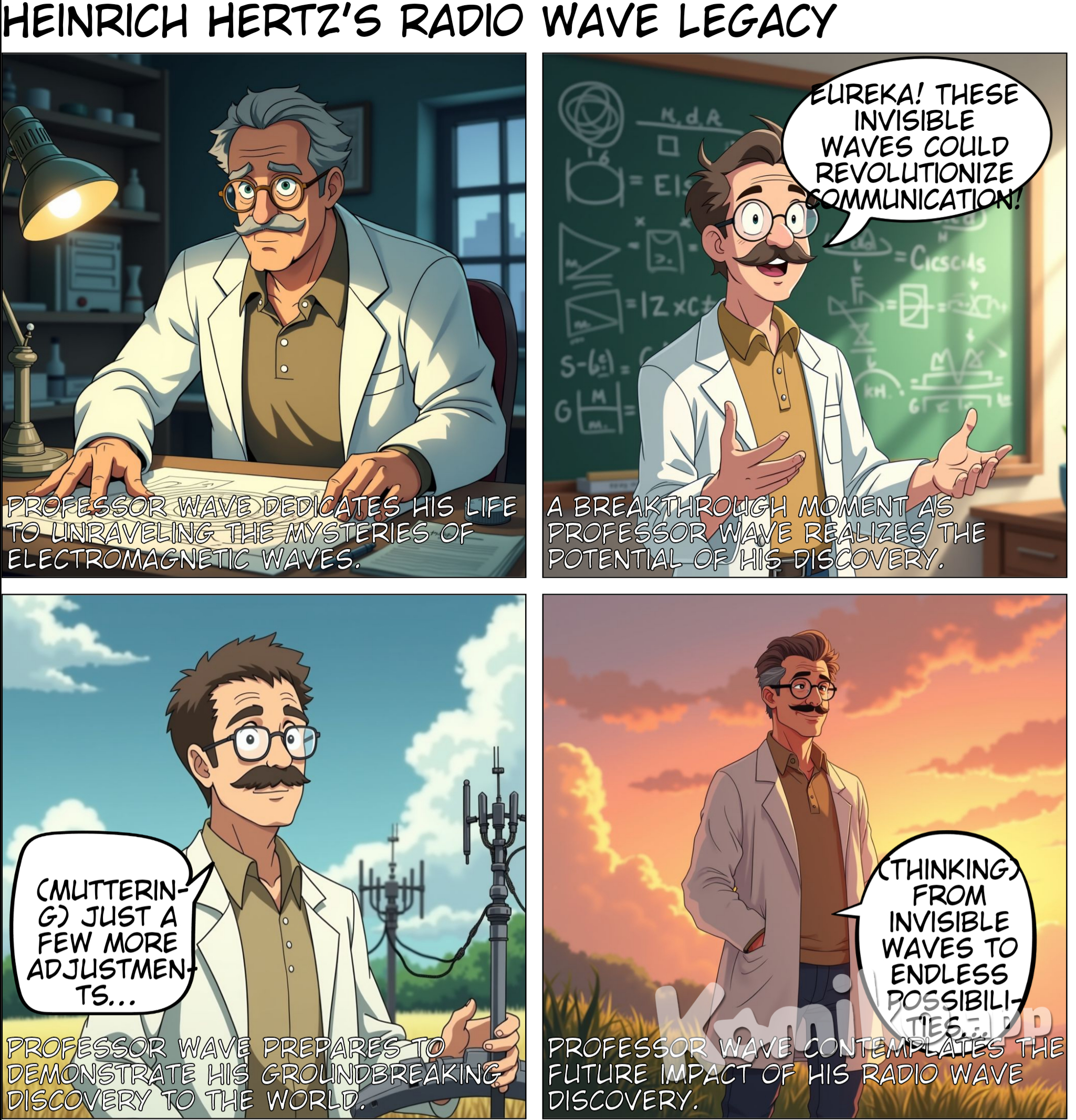Can you make about Heinrich hertz the one wio discovered the radip waves Final shot of Professor Wave standing on the hill at sunset, looking at the sky, a satisfied smile on his face. Professor Wave (thinking): "From invisible waves to endless possibilities... this is only the beginning.", make it old but not that very old, with brown hair and glasses and light brown polo and a lab coat and a mustache make it old but not that very old