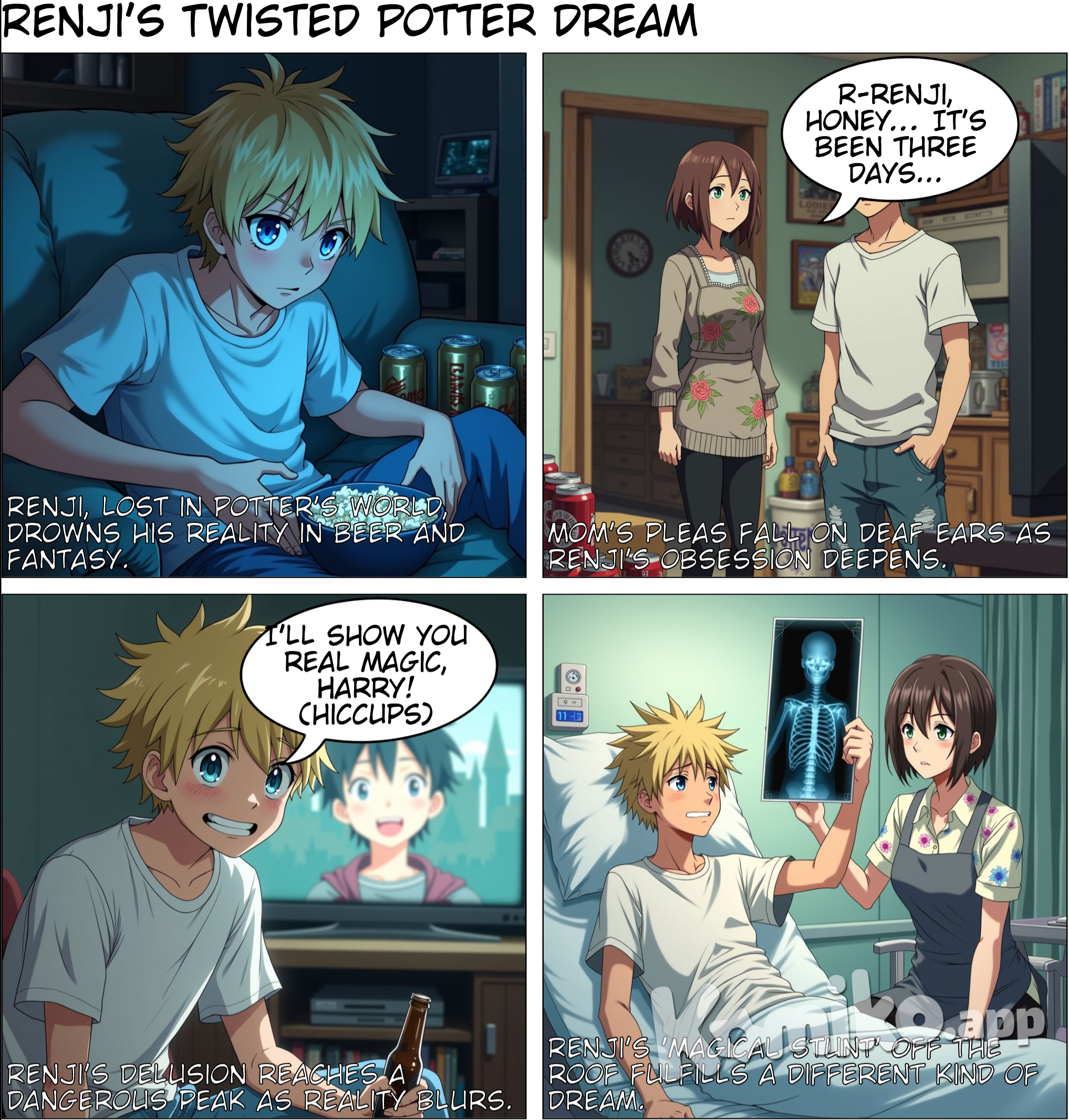 Renji Akazawa, an 18 year old imaginative boy has sunk into the couch watching the new Harry Potter movie.The last one came out and he had been watching for about an hour.  The buttery popcorn aroma fills the air, not noticing his mom urging him to take a break.¨R-renji, maybe you should take a break.¨ his mom stuttered. But itś like nothing happened, he didn't even move a limb. Renji responds to his mom with his blonde hair and blue eyes¨I wish I could become as great of an actor as Harry Potter is. Even if all of his stunts and deadly adventures are fake, they just seem so real,¨he thought to himself.¨I will try my hardest to fulfill your dream, Dad,¨ he thought. make it more adult like