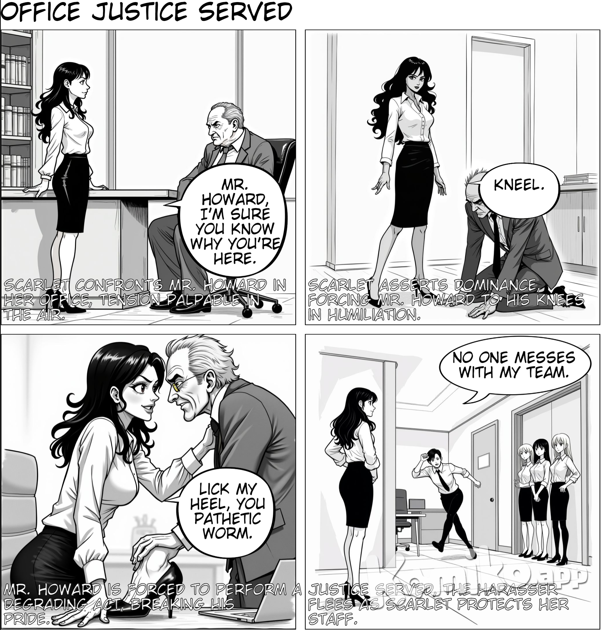 Scene: Scarlet’s Office Scarlet (leaning back in her chair, wearing high pencil heels that click against the floor as she crosses her legs): “Mr. Howard, I’m sure you know why you’re here.” Mr. Howard (nervously adjusting his collar): “I… I have no idea, Ms. Scarlet. If it’s about the quarterly—” Scarlet (interrupting, her tone dripping with sarcasm): “Oh, don’t play dumb with me. You think I don’t know what’s been happening? The girls in this office have had enough of your sleazy behavior.” (Three young women — Jessica, Emily, and Rachel — stand in a corner, watching as Scarlet circles the room, eyes narrowing at the older man.) Jessica (tentatively): “Ms. Scarlet, he’s made our lives miserable…” Emily: “We’ve tried avoiding him, but he always finds a way to harass us.” Rachel: “We couldn’t even report it because… well, he’s been here for so long, and—” Scarlet (raising a hand to silence them, her eyes never leaving Mr. Howard): “And because he’s been a bully disguised as a harmless old man. But that ends today.” Mr. Howard (holding up his hands defensively): “P-please, it’s all a misunderstanding! I was just being friendly—” Scarlet (smirking, her voice dripping with mockery): “Friendly? Is that what you call it when you make inappropriate comments, when you leer at them, when you touch them without consent? Friendly?” Mr. Howard (lowering his head, trembling slightly): “I—I didn’t mean any harm…” Scarlet (chuckling softly, then leaning in close): “Oh, you meant harm, alright. You enjoyed every moment of making them uncomfortable. But today, I’m going to show you what it feels like to be truly humiliated.” (She steps back and clicks her fingers, her commanding presence filling the room.) Scarlet: “Kneel.” Mr. Howard (stammering): “What? No, I—” Scarlet (voice sharp and cold): “I said, kneel. You don’t get to say no. Not today.” (Mr. Howard hesitates but then slowly sinks to his knees, his face flushed with shame and fear.) Scarlet (mockingly, circling him like a predator): “Look at you, all pathetic and weak. Where’s that bravado now, hmm? All gone, isn’t it?” (She glances at the girls, who watch with satisfaction as Scarlet humiliates their tormentor.) Scarlet (turning back to Mr. Howard): “You know what you’re going to do? You’re going to beg these women for forgiveness. You’re going to acknowledge every single time you made them feel small. And when you’re done… you’re going to do something even more fitting.” Mr. Howard (sobbing now): “P-please, I’m sorry… I’m so sorry…” Scarlet (smirking, holding out one foot clad in a shiny high heel): “Lick it.” Mr. Howard (eyes wide with horror): “Wh-what?” Scarlet: “Lick my heel. Show these girls that you’re nothing but a pathetic worm.” (Terrified, Mr. Howard leans forward and licks the tip of Scarlet’s high heel. Jessica, Emily, and Rachel exchange glances, then step closer, smiling darkly.) Jessica: “You made us feel powerless… now, look at you.” (She kicks him lightly on the shoulder, making him flinch.) Emily: “So pathetic.” (She delivers a light kick to his back, causing him to wobble.) Rachel (grinning): “You’re just a joke.” (She gives him a swift kick to his side, making him yelp in pain.) (Scarlet watches with satisfaction as the girls take turns kicking him lightly, their confidence growing with each action.) Scarlet: “Beg. Beg them for forgiveness.” Mr. Howard (bowing low, his voice cracking): “I’m sorry… I’m so, so sorry… Please, forgive me…” Scarlet (clapping her hands together): “Get out of my sight, and don’t you dare show your face in this building again.” (With his pride shattered, Mr. Howard scrambles to his feet and rushes out of the office, his face burning with humiliation. The girls, stunned at first, slowly break into smiles.) Jessica (smiling): “I can’t believe it… He’s really gone.” Emily: “Thank you, Ms. Scarlet. You… you stood up for us.” Rachel (grinning): “Yeah, he won’t be bothering anyone ever again.” Scarlet (smirking, flipping her hair back confidently): “No one messes with my team. Now, let’s get back to work, shall we?”