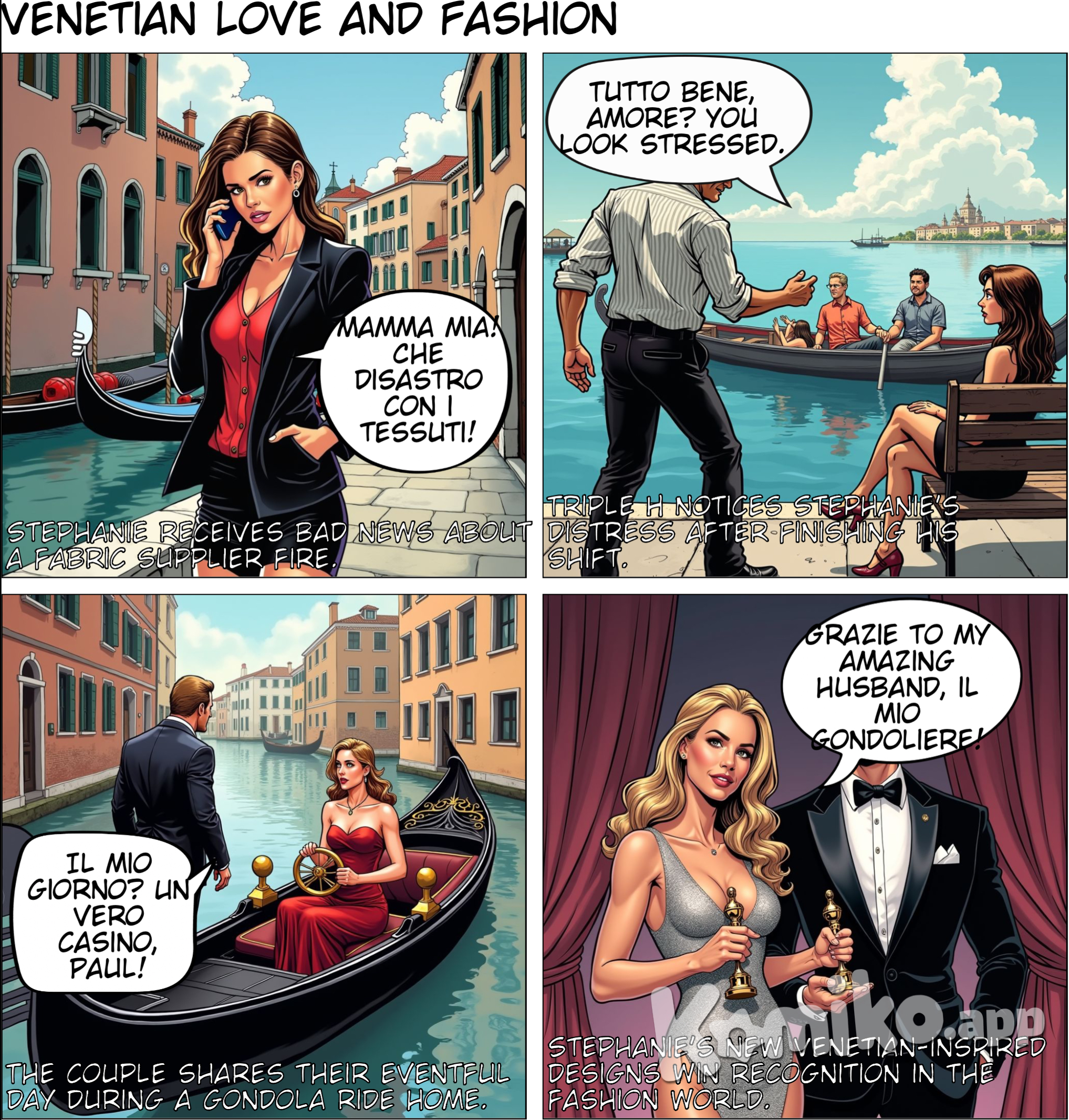 *Note: Detail the conversation that Stephanie has on the phone. When they talk about their day it is in mostly English but use a lot of Italian words. She talks about a difficult client, a ruined dress, model problems, spilled coffee, fabric issues, fabric supplier fire, etc. He talks about the passengers that he has taken on his gondola.*  Paul Levesque, also known as Triple H but only Stephanie calls him Paul, who is completely bald on his head, has a medium-length brown beard with a lot of gray, has hazel eyes and speaks both English and Italian and has a thick Italian accent, as an Italian Gondolier. He wears a tailored shirt with black and white horizontal stripes, fitted black trousers and black leather shoes. To complete the look, he would don a straw boater hat with a ribbon and a small red scarf tied around his neck for added color.  Triple H's wife Stephanie McMahon, who has long chocolate brown hair and blue eyes and speaks both English and Italian and also has a thick Italian accent, as a famous Italian Fashion Designer. She is wearing a black designer jacket, a red designer blouse, a black mini skirt, black stockings, a black garter belt, red pumps, fancy makeup and designer jewelry.  Stephanie is walking towards the gondola docks. She is talking on the phone to someone in a frustrated matter in all Italian. She hangs up and sits down on a nearby bench as she waits for her husband. Suddenly she sees a gondola that has passengers and is piloted by Triple H. He docks the gondola and gets off to help the passengers off. The passengers thank him and give him a generous tip. He then spots Stephanie and he asks if she is ok with a worried look on his face as they walk to their personal elegant gondola, which Stephanie bought for her husband for their anniversary. Triple H helps Stephanie into the gondola as she tells him that she had just received a phone call stating that the fabric suppliers has had a major accident and that the fabrics are going to be in a very long delay because of a massive fire and is having her team find other suppliers until her regular suppliers get back up and running.   Stephanie sits down on one of the velvet seats of the gondola's cabin. After she is settled, Triple H pushes off and are on their way home from a long day of work. She proceeds, in detail, about how the rest of her day went and he talks, in detail, about his passengers and the adventures they went on. Then Stephanie, while sitting in the gondola, then sensually flirts with her husband as he is piloting the Gondola. She lifts up her skirt on one side so he could see the garter belt she is wearing along with her stockings and her pumps. He then takes the gondola to a remote location, so no one could here or see them, where they have sex in the gondola itself. Once he has secured the gondola, he goes down to where she is and they start kissing. They are passionately touching each other. She unzips his pants and lowers his boxers so his big, hard cock is out. She then proceeds to perform fellatio on his big, hard cock. After she is done, he has her sit down so that he can have a taste of her. He proceeds to take the garter belt off. As he does that, he notices that she is not wearing any underwear. Triple H then proceeds to perform cunnilingus on her tight and wet pussy and he fingers her as well. They then proceed to strip off the rest of their clothes and he fucks her in her tight and wet pussy also fills her up with his semen, which drips out of her pussy, and he also does anal penetration as well. Once they get home they get cleaned up in the bath then get their pjs on and go straight to bed, for they were both tired from work.   The next day Triple H helps Stephanie with her fabric issue by using local Venetian fabrics. They find a solution which changes everything and causes the fashion world to notice. Stephanie gets an award for her new designs and thanks her staff, the models, and last but not least her husband Triple H, who is a simple gondolier willing to help his wife out in any way possible.   A few days later Stephanie soon discovers that she is pregnant after getting morning sickness and has gained a bit of weight, and that this pregnancy is accidental. But she and Triple H decide to keep the baby, even though they were planning to have a baby in two years. They eventually go get an ultrasound to see whether it is a boy or girl and it confirms that the baby is a girl, who they name Isabella. While she is pregnant, she decides to create both maternity clothes and baby clothes. She eventually gives birth to Isabella.