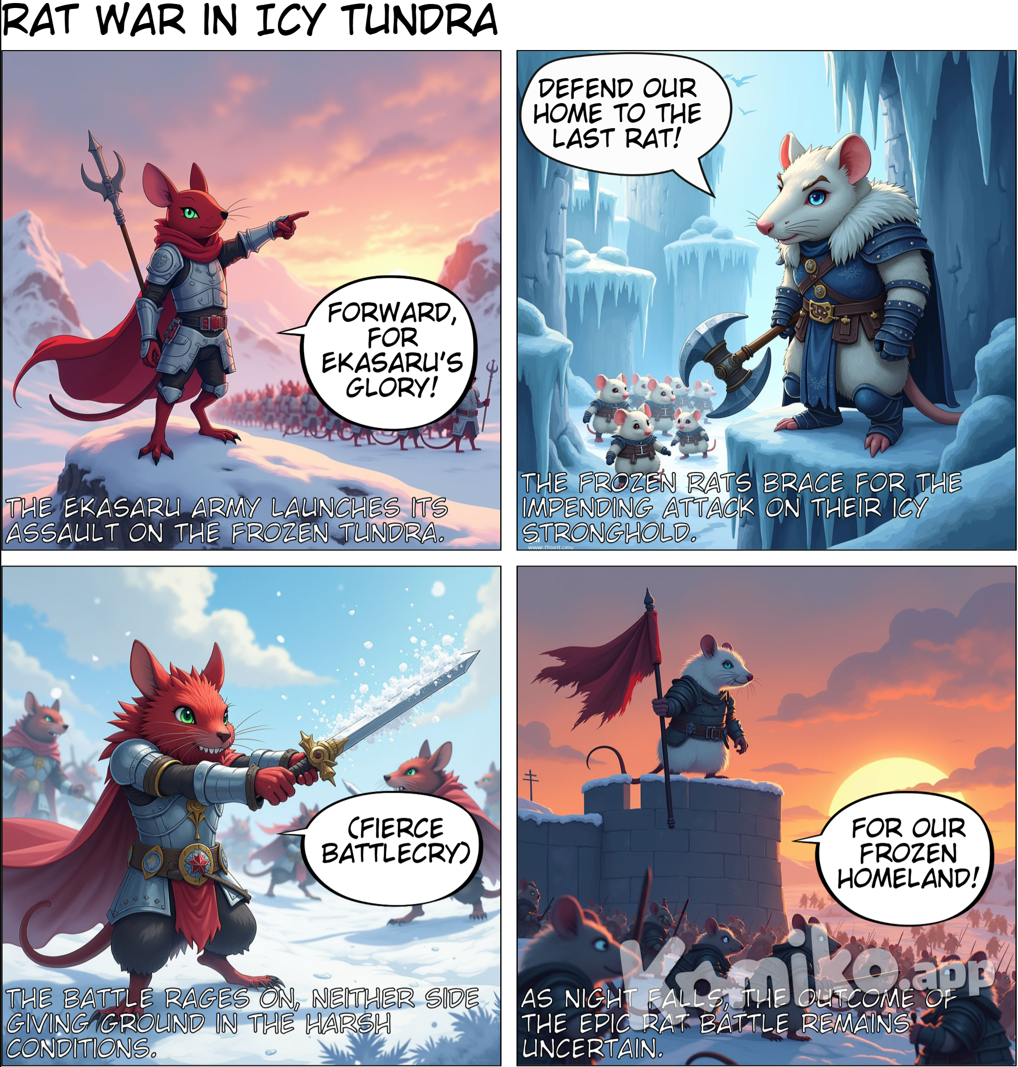 Potato Garden 1987, Battle of Ggrama Tundra Ekasaru's high-power army, the most elite army in the rat world, is advancing to the northwest of the Ggrama Tundra. This short-haired rat race army is known for its iron blood and discipline, but in this extremely cold tundra, the harsh environment makes every step difficult for them. The wind and snow cut the rat soldiers' fur like knives, and the firelight in the camp was weak and weak. The armor of the rat soldiers condensed into ice and creaked in the cold air. Every morning when they woke up, they had to first check whether their comrades around them had frozen into ice sculptures during the night. But what really makes the Ekasaru Army sleepless and uneasy is not the endless cold, but the enemies hiding under the white snow - the frozen rats. The frozen rats are familiar with every inch of the tundra terrain. They lurk and swim among the ice and snow, and are good at raids and retreats. Whether they are sneaking up on the army's baggage convoy at night or suddenly appearing on the edge of the camp to launch an attack during a storm, they are omnipresent yet elusive. The Ekasalu army was forced to fight hastily in the ice and snow countless times, and its morale was gradually exhausted. The focus of all this is on the Kruru Fortress at the Shimosu Pass - the heart of the Ggrama Tundra and the last line of defense of the Frozen Rats. Behind the towering ice wall of the fortress, the general of the Frozen Rats - "Ice Fang" Thurstan is planning a deadly counterattack. Thurstan is a wily warrior, a battle-hardened warrior who knows that his tribe has no way out. At the highest point of the fortress, he quietly looked at the vast white tundra, and the sound of soldiers gearing up echoed in his ears. They are ready to fight to protect their homeland. On the opposite side is the general of the Ekasaru Army - "Red Claw" Chris. He is a young but ambitious commander eager to make a name for himself in this battle. Chris stood in front of the map, staring at the terrain of the pass, and tightened his grip on the tactical baton. He knew that the frozen rats were no ordinary enemies. Every battle they fought was for survival. This unyielding will made their defenses impregnable. But Chris also understood that the glory of the Ekasaru army could not be defeated by the cold and the harassment of enemy troops. This battle is not only to conquer a tundra, but also to prove to all the rat tribe that the Ekasalu army is invincible. At dawn, the sound of battle horns broke the silence of the tundra. Under the command of Chris, the Ekasalu army launched a fierce offensive against the fortress, with artillery fire intertwined with ice and snow. The Frozen Rats took advantage of the high walls and terrain of the fortress to mount a tenacious resistance. On the ice wall, Thurstan waved his battle ax and commanded his warriors to fight back from all angles, vowing to kill every enemy who set foot on the tundra. On the smoke-filled battlefield, the roars of both sides mixed with the wind and snow, intertwining into a tragic war song. Ekasalu's rat soldiers charged again and again, only to be repulsed every time. The frozen rats use caves and tunnels to counterattack unexpectedly, without giving the enemy any chance to breathe. The battle became a battle of wills: one fighting for honor and expansion, the other fighting for survival and home. The sun gradually sets in the west, and the battle enters a fierce stage. The Frozen Rats began to launch guerrilla warfare behind the Ekasalu Army, disrupting their supply lines and forcing the enemy into trouble. Chris gritted his teeth and ordered the final general attack, while Thurstan raised the battle flag at the highest point of the fortress, calling on the frozen rats to fight. How will this polar war end? Can the Ekasalu Army open a gap in the enemy's last line of defense, and can the Frozen Rats defend their homeland? The rats waited with bated breath. Under the ice and snow, the outcome was undecided.