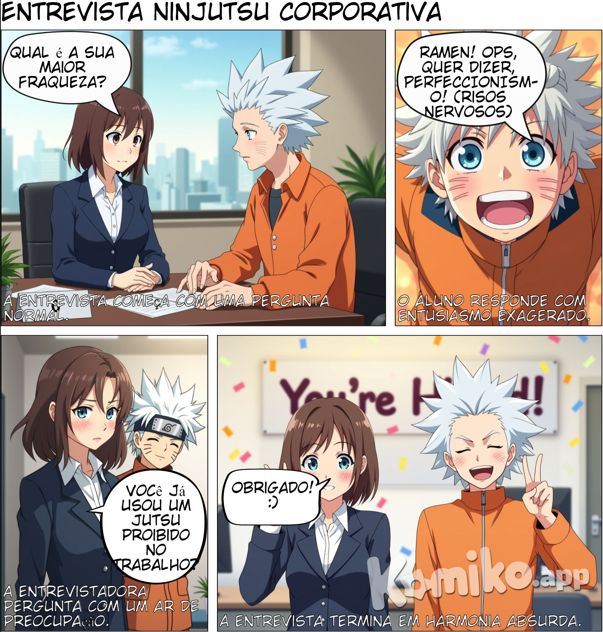 Título: Entrevista inesperada. Uma secretária de 35 anos, com cabelo castanho e olhos da Ino Yamanaka entrevistando um aluno de 21 anos com roupas laranjas parecidas com as do Naruto, mas sem listras no rosto e com cabelo branco igual ao do Einstein. No primeiro quadrinho, ambos estão sentados a uma mesa, onde a secretária faz a primeira pergunta. O primeiro quadrinho possui a seguinte legenda: "A entrevista começa com uma pergunta normal". No segundo quadrinho, a secretária faz a segunda pergunta. Há um destaque maior no aluno, com uma expressão animada e satisfeita. O segundo quadrinho possui a seguinte legenda: "O aluno responde com entusiasmo exagerado". No terceiro quadrinho, a secretária faz a terceira pergunta. Há um destaque maior na secretária, com um olhar curioso e firme. O aluno está no fundo do quadrinho e responde de olhos fechados e despreocupado. O terceiro quadrinho possui a seguinte legenda: "A entrevistadora pergunta com um ar de preocupação". No último quadrinho, ambos dizem "Obrigado! :)" sorrindo na direção do leitor, com os olhos fechados e fazendo sinal de paz e amor com as mãos. O último quadrinho possui a seguinte legenda: "A entrevista termina em harmonia".