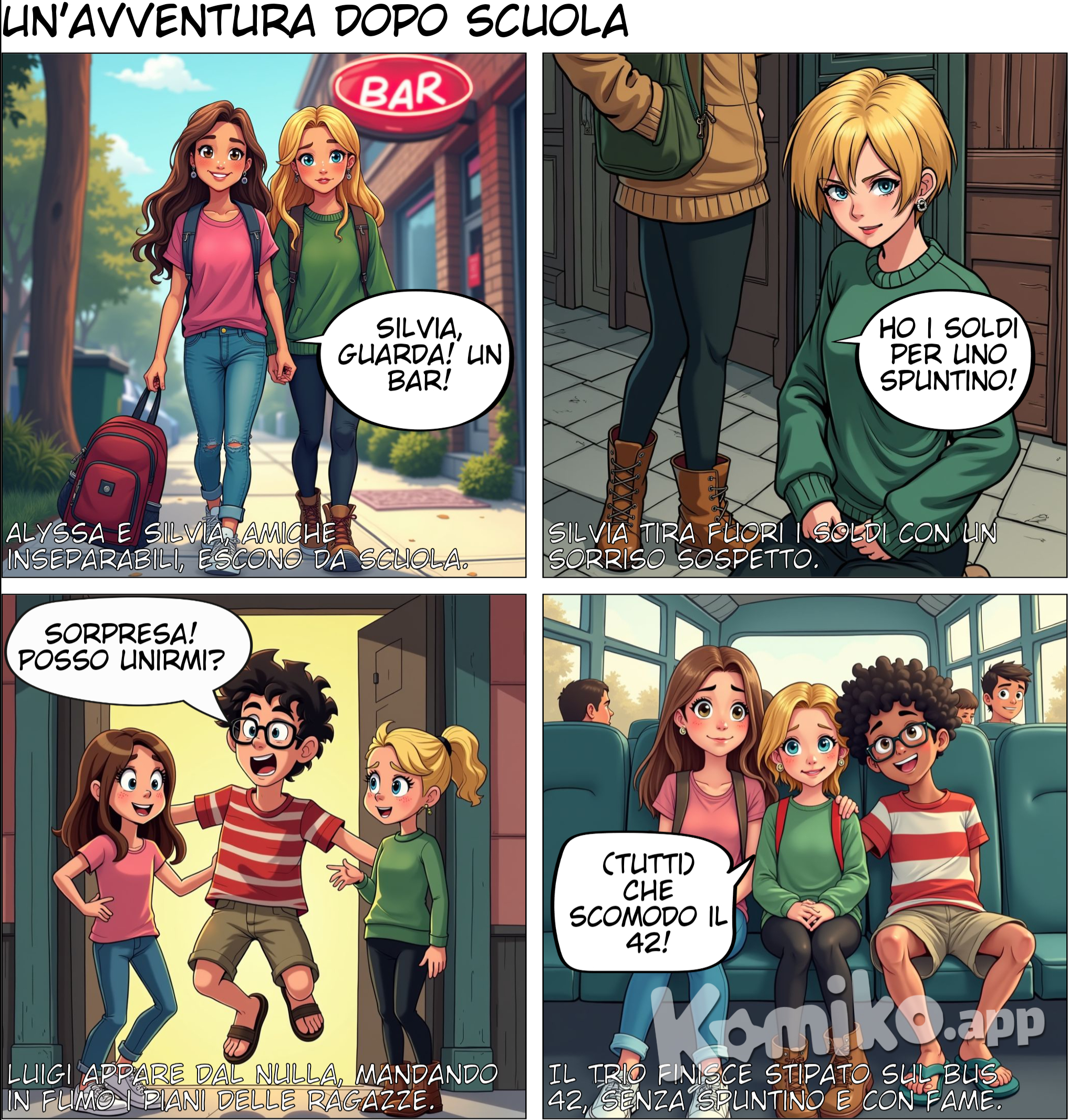Alyssa e Silvia sono amiche per la pelle un giorno dopo scuola abbiamo visto un bar e poso lo zaino per terra e Silvia tira poi i soldi ma poi incontriamo lugi e mangiamo tutti insieme e nel fratempo prendiamo il pullman 42 e arriviamo a casa 