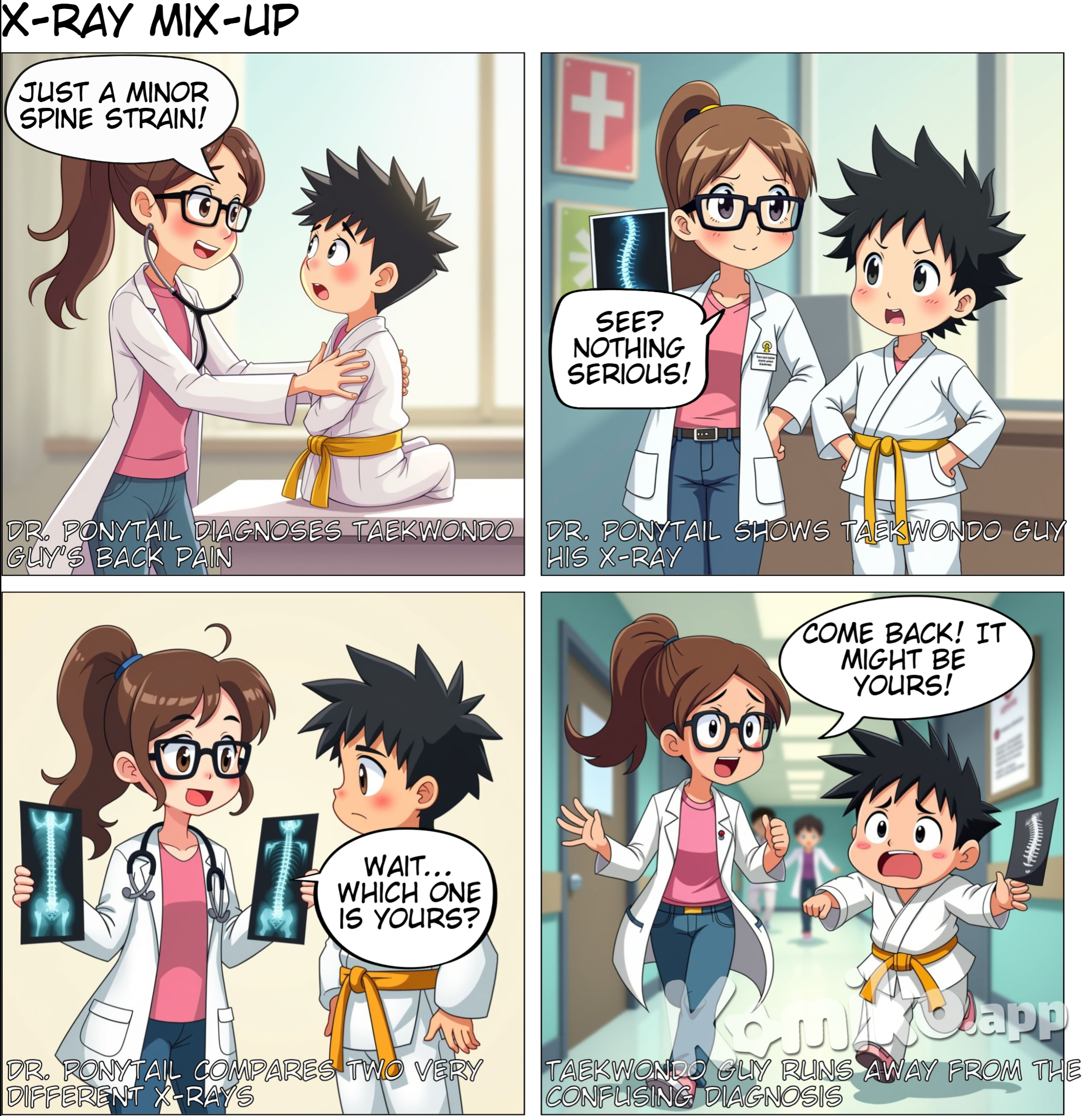 A doctor, a girl with brown hair who is ponytailed has pink shirt underneath, has jeans for bottoms, and has eyeglasses told to his patient a guy who is wearing taekwondo clothes with yellow belt, that there is only a minor strain in his spine. The doctor then compared a photo of an x-ray from an mri scan and ask the guy about their difference.  make in chibi artform