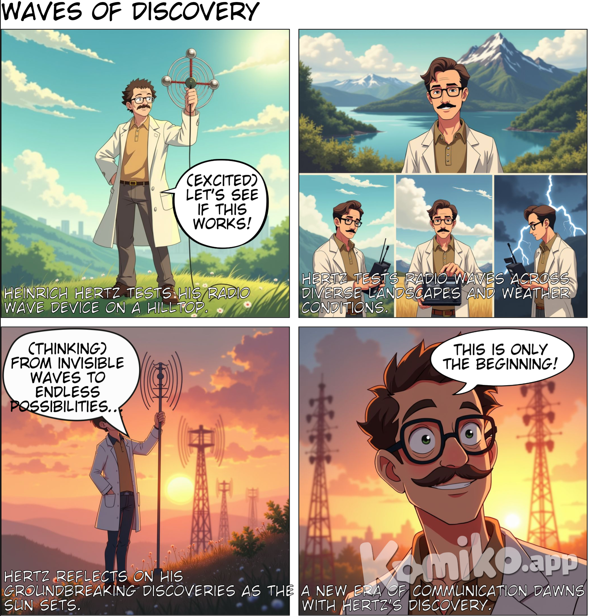 Can you make about Heinrich Hertz the one who discovered the radio waves in the first panel is when he go to the hill and he raised the antenna he made called LC oscillator, He used a spark gap attached to an induction coil and a separate spark gap on a receiving antenna. When waves created by the sparks of the coil transmitter were picked up by the receiving antenna, sparks would jump its gap as well. Its like a sewing and then there's a two ball beside on it. In the second panel a Montage of Professor Wave's adventures: traveling to different places, testing his radio device by sending signals over lakes, mountains, and even through a thunderstorm. Narration (Caption): "He pushed the limits of what radio waves could do, learning that they could travel over great distances and through various obstacles." Final shot of Professor Wave standing on the hill at sunset, looking at the sky with his radio antenna, a satisfied smile on his face. Professor Wave (thinking): "From invisible waves to endless possibilities... this is only the beginning.", make it old but not that very old, with brown hair and glasses and light brown polo and a lab coat and a mustache