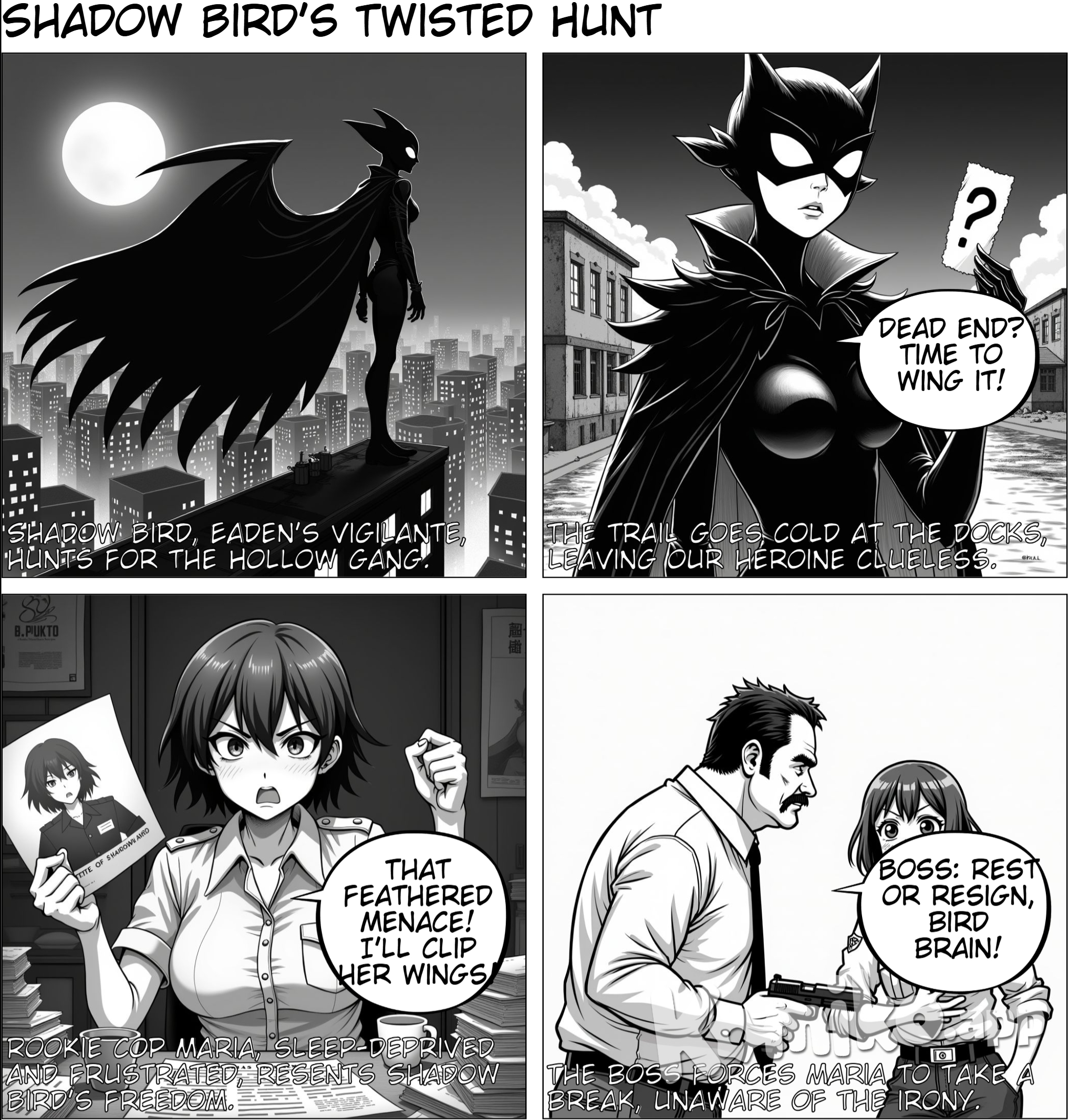  we start as our heroine shadow  bird looking form a roof top of a  building in a city of  Eaden she is looking  for the gang called the hallow  that stole gems and kidnapped  a teen girl, shadow bird has  costume that looks like a bird  she has no powers ---------------------------- shadow bird fallows clue to find this new hollow gang but the clues end near the docks --------------------------- enter rookie cop    Mria, she had many  sleepless nights trying to put to  end this Cace the other cop's don t seems to care  Mria slams down her Coffee  when looking at the picture of shadow bird thanking  why does get to run fee she also  breaking the Lew and no cares hmm ---------------------------------------------  her friend walks  up behind her we will get them take brake you over  working yourself her boss said i can't Meia said ------------------------- as boss and friend Maia i  command you  to take brake  to night get some rest or give in your  gun unform miss as he leans  i need you in top shape