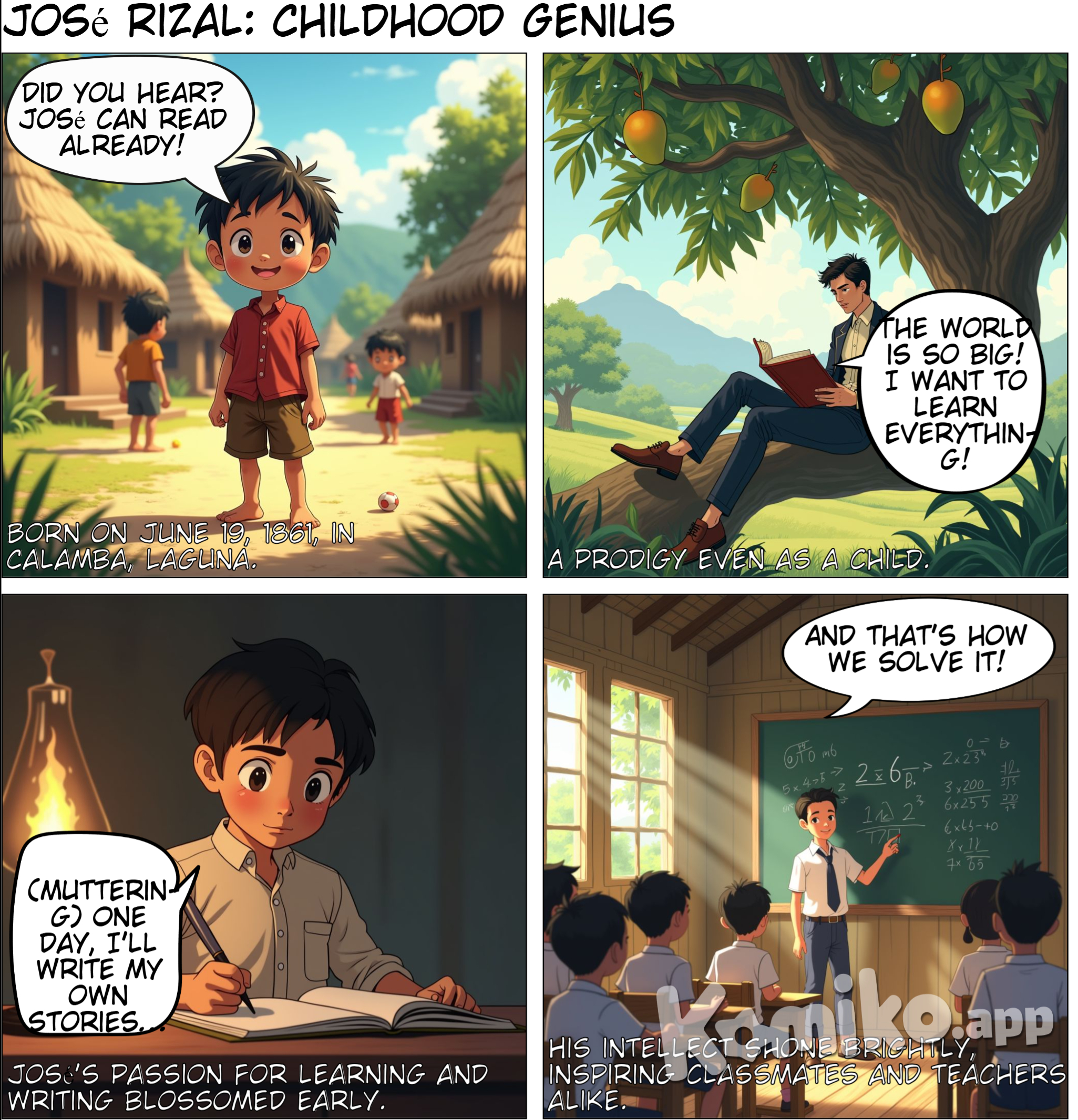 Page 1: Early Years  Panel 1: (A charming Filipino village, kids playing.)  Caption: "Born on June 19, 1861, in Calamba, Laguna." Speech Balloon (Kid): "Did you hear? José can read already!" Panel 2: (Young José reading a book in a tree.)  Caption: "A prodigy even as a child." Speech Balloon (José): "The world is so big! I want to learn everything!"