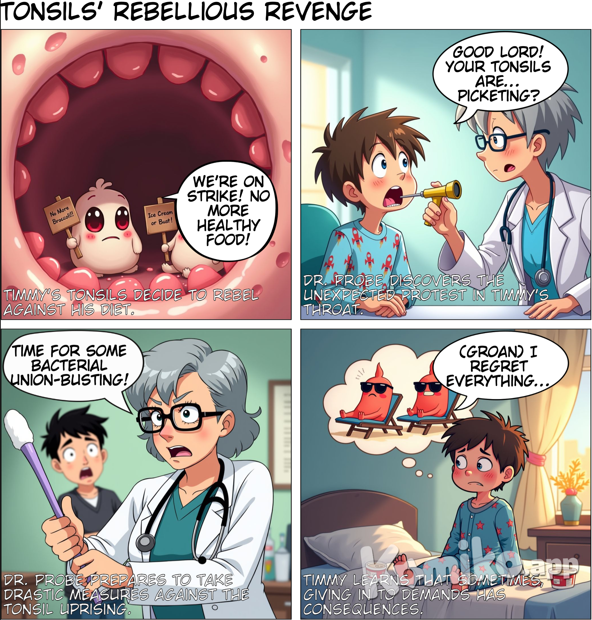 Panel 1: "The Sore Throat Mystery" Background: Tonsils (two small, sad characters inside the throat) are red, swollen, and holding ice packs. Kid (a young character with a thermometer and looking uncomfortable) is standing nearby, holding their throat.  Dialogue:  Tonsils: "Ouch! We’re so sore and swollen… this feels like strep throat!" Kid: "My throat hurts so much, and I feel really tired… I wonder if it’s just a cold?" Panel 2: "Spotting the Signs" Background: Doctor (friendly and smiling) examines Kid's throat with a small light and sees the red, swollen Tonsils with white spots.  Dialogue:  Doctor: "Let’s take a look. Strep throat can make your tonsils red, swollen, and even cause white patches. Do you also have a fever or a headache?" Kid: "Yeah! And I don’t have a cough like I usually do with a cold." Panel 3: "The Diagnosis Test" Background: Kid is in the doctor’s office, getting a throat swab while the Doctor explains.  Dialogue:  Doctor: "We’ll do a quick swab to check for the strep bacteria. If it’s positive, we’ll know it’s strep throat." Kid: "Will it hurt?" Doctor: "Just a little tickle! And it’s fast!" Panel 4: "The Path to Feeling Better" Background: Kid is at home with their medicine, a cozy blanket, and a glass of water. Tonsils are smiling and look much happier, with a few ice packs nearby.  Dialogue:  Doctor (voiceover): "If the test is positive, antibiotics will help fight the infection. Rest, drink lots of water, and you’ll be back to normal in no time!" Kid: "Got it! Time to rest up and feel better soon!"