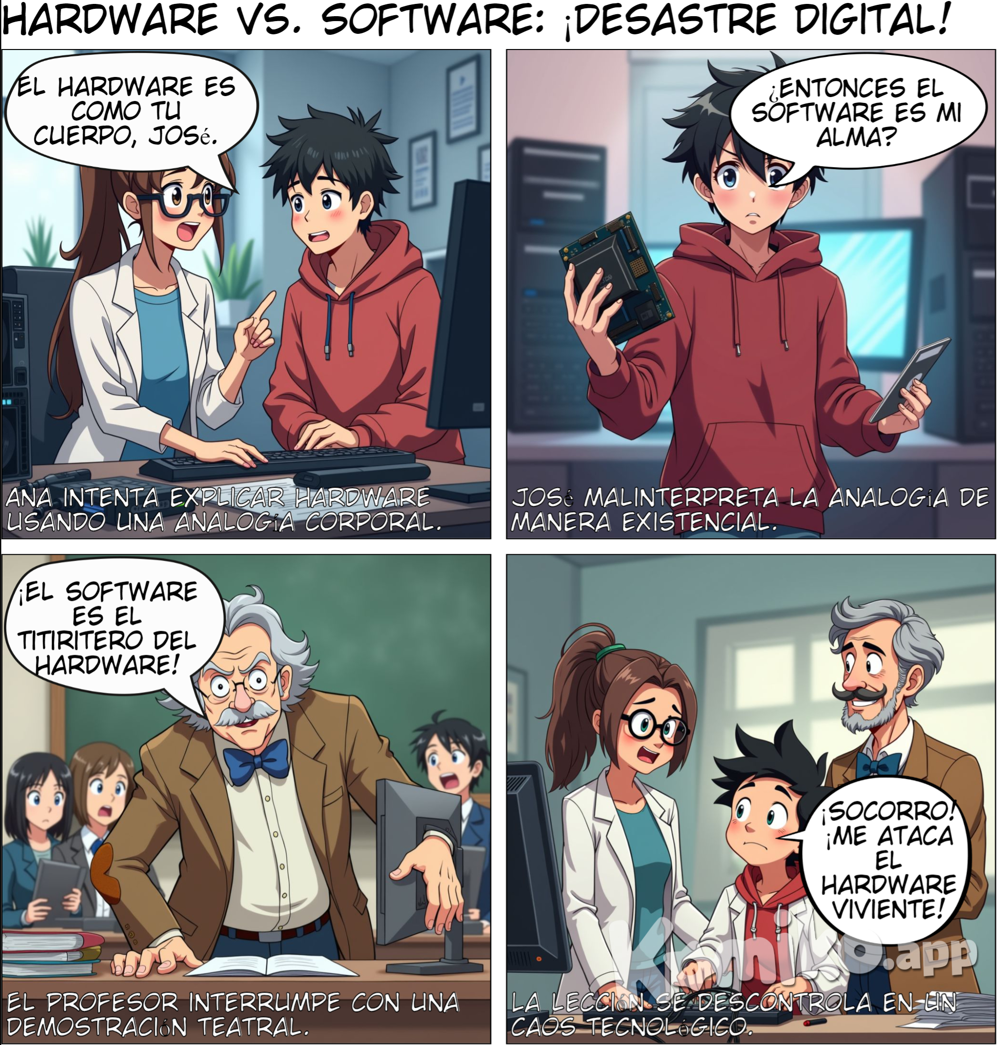 En el laboratorio de computación, Ana le explica a José la diferencia entre hardware y software. Descubren que el hardware son las partes físicas de una computadora, como la CPU y el monitor, mientras que el software son los programas que permiten que el hardware funcione. El profesor compara el hardware con el cuerpo y el software con el cerebro.