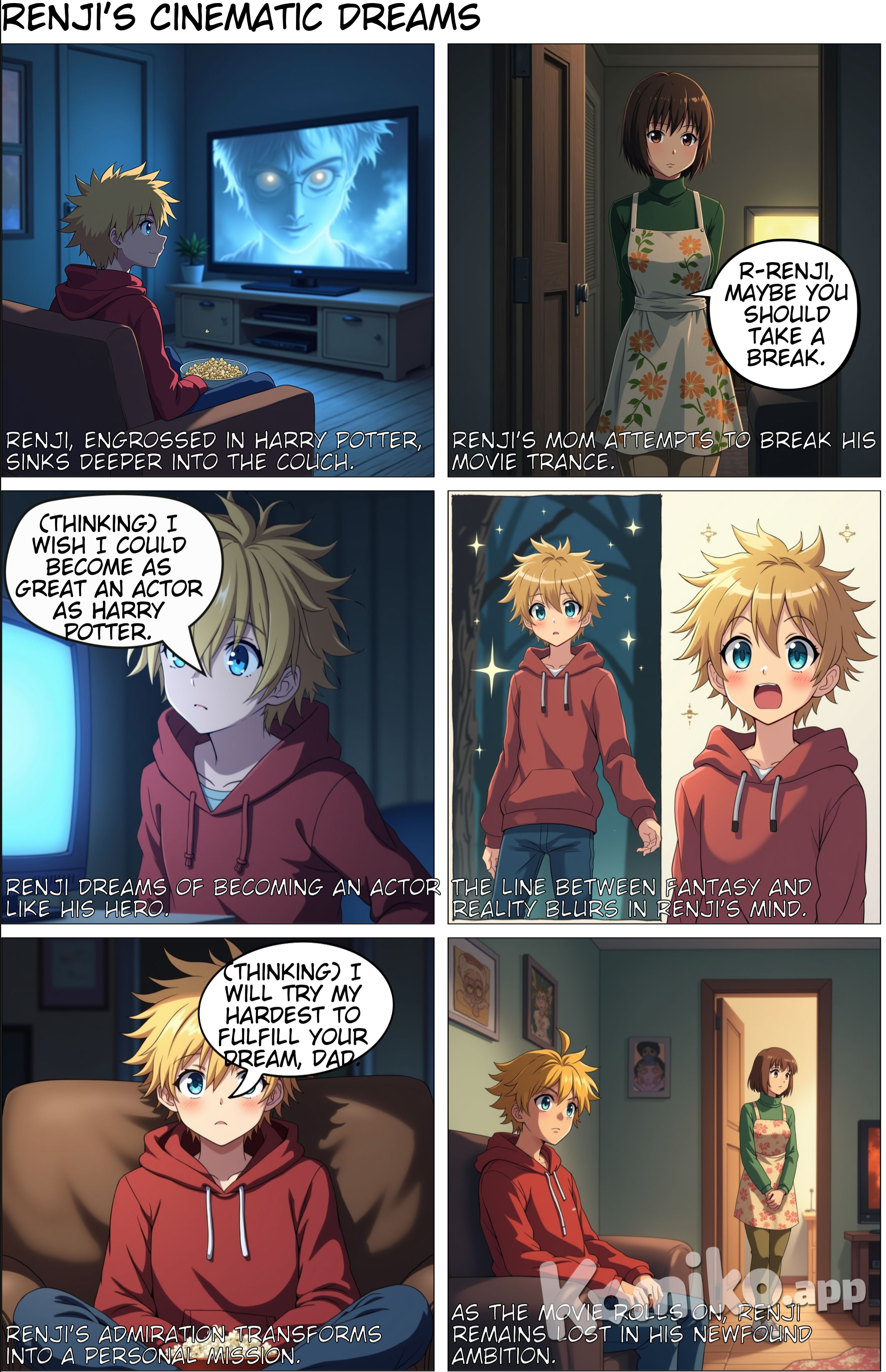 Renji Akazawa, an 18 year old imaginative boy has sunk into the couch watching the new Harry Potter movie.The last one came out and he had been watching for about an hour.  The buttery popcorn aroma fills the air, not noticing his mom urging him to take a break.¨R-renji, maybe you should take a break.¨ his mom stuttered. But itś like nothing happened, he didn't even move a limb. Renji responds to his mom with his blonde hair and blue eyes¨I wish I could become as great of an actor as Harry Potter is. Even if all of his stunts and deadly adventures are fake, they just seem so real,¨he thought to himself.¨I will try my hardest to fulfill your dream, Dad,¨ he thought.