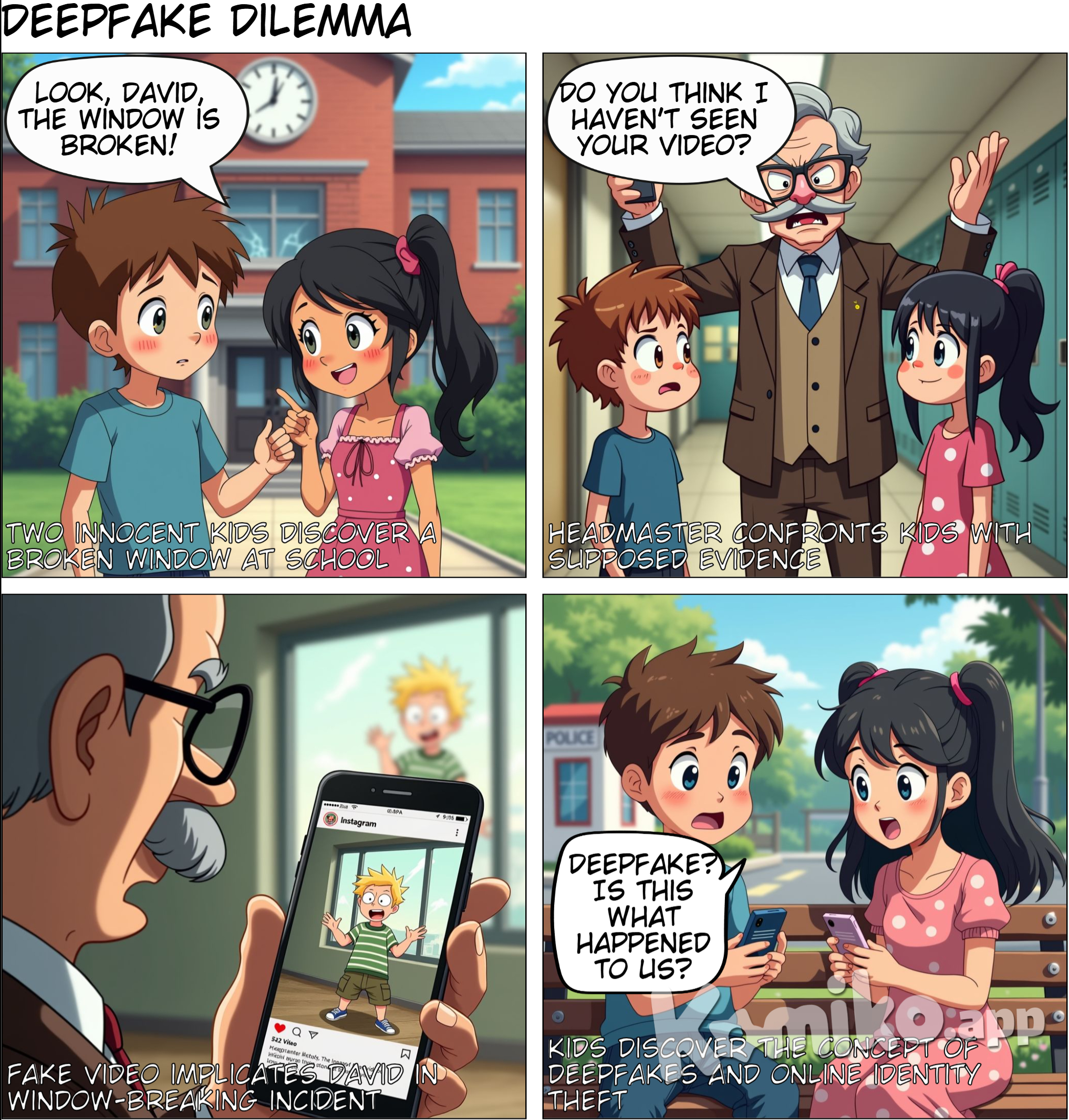 Two kids, a boy and a girl (David and Maria - our protagonists), arrive at school. A window in the school building is broken. Maria points and says “Look, David, the window is broken!” David: “I wonder how that happened” The headmaster of the school stands before them, angry. Headmaster: “Wondering, eh! Do you think I haven’t seen your video on Instagram?” Maria, confused “What video, Headmaster?” The headmaster pulls out his smartphone. Headmaster: “This one, young lady! The one you posted yesterday!” In the background, a pair of other kids are watching them and laughing. Zoom in on the smartphone. It shows an Instagram reel, in which David is shown throwing a stone with a sling to break the window. On the lower left, where the profile picture and name of the account is, it is Maria’s picture and name. Zoom out again. David: “What…” Headmistress: “I will not stand for this behavior! Not only breaking the window but posting it online like you’re proud about it!” Headmistress points away. Headmistress: “Go back to your homes. You are suspended for this week. I will speak with your parents tomorrow.” David and Maria are walking back towards their homes, looking sad. David: “How is that possible? We didn’t do this. That’s not me in that video.” Maria: “And I never post anything except cat videos!” The kids stop and David pulls out his smartphone. David: “Let’s see if we can Google it and find something.” Zoom in on the smartphone. They have Googled “Fake video”. Top few results are shown: Maria: “Deepfake… What is that? Is this what this was?” David: ”Let’s check out the first site.” Zoom out, the kids are sitting on a bench, looking at the smartphone and talking. Some time has passed. Maria: “So deepfakes… they can use that to out your face on someone else.” David: ”Someone else broke the window and they put my face on their video!” Maria: “And then they posted it!” Zoom in on the phone with the fake Instagram reel again. David: “Hmm, here it is… Some of our classmates have liked it already.” David: “And they used your name to do it, but that’s not your account, is it?” Maria: “No, mine is maria.catz, but they used maria.cats… Silly! But they got my profile pic right.” Policewoman enters the frame on the left, passing by. David: That’s what that website called online ID theft. Someone is pretending to be you online!” Maria: “And also you, in the video!” David: “This is crazy. No one’s going to believe us! What should we do?” The policewoman has almost exited the frame on the right. Maria: “It said on the Internet that ID theft is a crime, just like regular theft.” Maria: “Ms. Police Officer! Help! We’ve been robbed!” The policewoman is smiling and talking to the two kids. Policewoman: “Who robbed you and what have they stolen, children?” David: “Well, our online IDs. We don’t know who. But we got in trouble because of that.” Policewoman: “Tell me what happened.” The kids and the policewoman are in the police station. The policewoman is holding a phone in her hands and taking a video of David. Policewoman: “So, to prove that the kid in the video is not you, we’ll just take a video of the real you and compare.” The kids and the policewoman are in front of a desk with a computer. The policewoman is pointing at the screen and the kids are triumphant. Policewoman: “No match. The kid in the video is made to look like you, but this proves it’s not you.” David: “Yay! But who is it?” Policewoman: “Deepfakes usually just change the face. Can you spot anything familiar if you don’t focus on the face?” Maria is remembering the scene with the headmaster scolding them and the kids laughing in the background. Maria: “The t-shirt! That’s not David’s t-shirt. But I know who it is! It’s that kid who was laughing at us.” Policewoman: “I’ll come with you to the school and explain!” The kids and the policewoman are back at school talking to the headmaster. Policewoman: “…and that’s the result of a police investigation” Headmaster: “I’m so sorry, children, I always know you are good kids. I didn’t know videos could be faked like this.” Policewoman: “You can’t believe everything you see online. You must also consider if it makes sense.” The kids are high-fiving each other, while in the background the headmaster is scolding the other kid. David: “You can find all sort of fake things online” Maria: “But you can also learn how to protect yourself!” Revised Comic Strips Panel 1: Image: Two kids, a boy and a girl (David and Maria), arrive at school. A window in the school building is broken. Text: • Maria: "Look, David, the window is broken!" • David: "I wonder how that happened..." Panel 2: Image: The headmaster of the school stands before them, angry. Text: • Headmaster: "Wondering, eh! Do you think I haven’t seen your video on Instagram?" • Maria: "What video, Headmaster?" • Panel 3: Image: The headmaster pulls out his smartphone, showing an Instagram video. In the background, other kids are watching and laughing. Text: • Headmaster: "This one, young lady! The one you posted yesterday!" Panel 4: Image: Close-up of the smartphone displaying an Instagram reel where David is shown throwing a stone with a sling to break the window. The profile picture and name belong to Maria. Text: No dialogue. Panel 5: Image: Close-up of the phone as the headmaster continues talking, while David and Maria look shocked. Text: • David: "What…" • Headmaster: "I will not stand for this behavior! Not only breaking the window but posting it online like you’re proud about it!" Panel 6: Image: The headmaster points away from the school. Text: • Headmaster: "Go back to your homes. You are suspended for this week. I will speak with your parents tomorrow." Panel 7: Image: David and Maria walk back home, looking sad. Text: • David: "How is that possible? We didn’t do this. That’s not me in that video." • Maria: "And I never post anything except cat videos!" Panel 8: Image: The kids stop, and David pulls out his smartphone. Text: • David: "Let’s see if we can Google it and find something." Panel 9: Image: Close-up of the smartphone with Google search results for "Fake video". Text: • Maria: "Deepfake… What is that? Is this what this was?" • David: "Let’s check out the first site." Panel 10: Image: The kids sit on a bench, looking at the smartphone and talking. Some time has passed. Text: • Maria: "So deepfakes… they can use that to put your face on someone else." • David: "Someone else broke the window and they put my face on their video!" • Maria: "And then they posted it!" Panel 11: Image: Close-up of the phone showing the fake Instagram reel again. Text: • David: "Hmm, here it is… Some of our classmates have liked it already." • David: "And they used your name to do it, but that’s not your account, is it?" • Maria: "No, mine is maria.catz, but they used maria.cats… Silly! But they got my profile pic right." Panel 12: Image: Maria and David talking to their parents at home. Text: • David: "This is crazy. No one’s going to believe us! What should we do?" • David’s mom: "Let’s go to the police. We need to sort this out." • Maria’s dad: "And we should also talk to the school tomorrow." Panel 13: Image: Maria and David talking to the police at the police station. Text: • Police: "Tell me what happened." • David: "Well, our online IDs. We don’t know who. But we got in trouble because of that." • Maria: "And they used deepfake to make it look like David broke the window." Panel 14: Image: Close-up of the police officer taking notes while Maria and David talk. Text: • Police: "I see. We’ll investigate this." Panel 15: Image: The police officer shows David and Maria a computer screen where they are looking at the fake video. Text: • Police: "No match. The kid in the video is made to look like you, but this proves it’s not you." • David: "Yay! But who is it?" • Police: "Deepfakes usually just change the face. Can you spot anything familiar if you don’t focus on the face?" Panel 16: Image: Maria remembers the scene with the headmaster scolding them and the kids laughing in the background. Text: • Maria: "The t-shirt! That’s not David’s t-shirt. But I know who it is! It’s that kid who was laughing at us." • Police: "I’ll come with you to the school and explain!" Panel 17: Image: Maria, David, and the police talking to the headmaster and the other kid at school. Text: • Police: "...and that’s the result of a police investigation." • Headmaster: "I’m so sorry, children, I always know you are good kids. I didn’t know videos could be faked like this." • Police: "You can’t believe everything you see online. You must also consider if it makes sense." Panel 18: Image: Maria and David high-fiving each other, while the headmaster scolds the other kid in the background. Text: • David: "You can find all sorts of fake things online." • Maria: "But you can also learn how to protect yourself!"