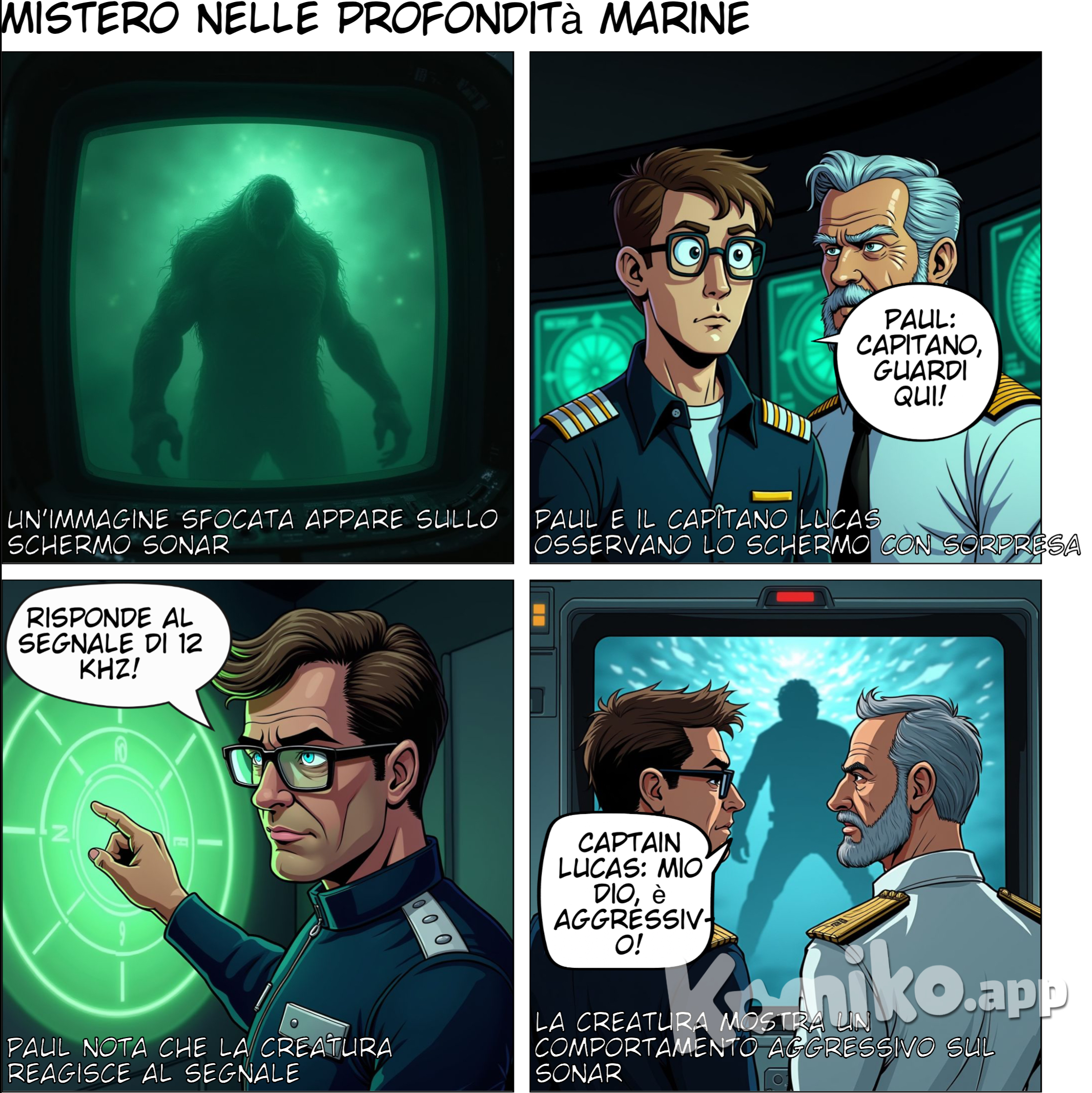 L’immagine mostra uno schermo sonar sul monitor, su cui appare un’immagine sfocata di una grande creatura. Paul e il capitano Lucas osservano lo schermo con espressioni di sorpresa e preoccupazione. Paul nota che la creatura sembra rispondere al segnale di 12 kHz, comportandosi in modo aggressivo.