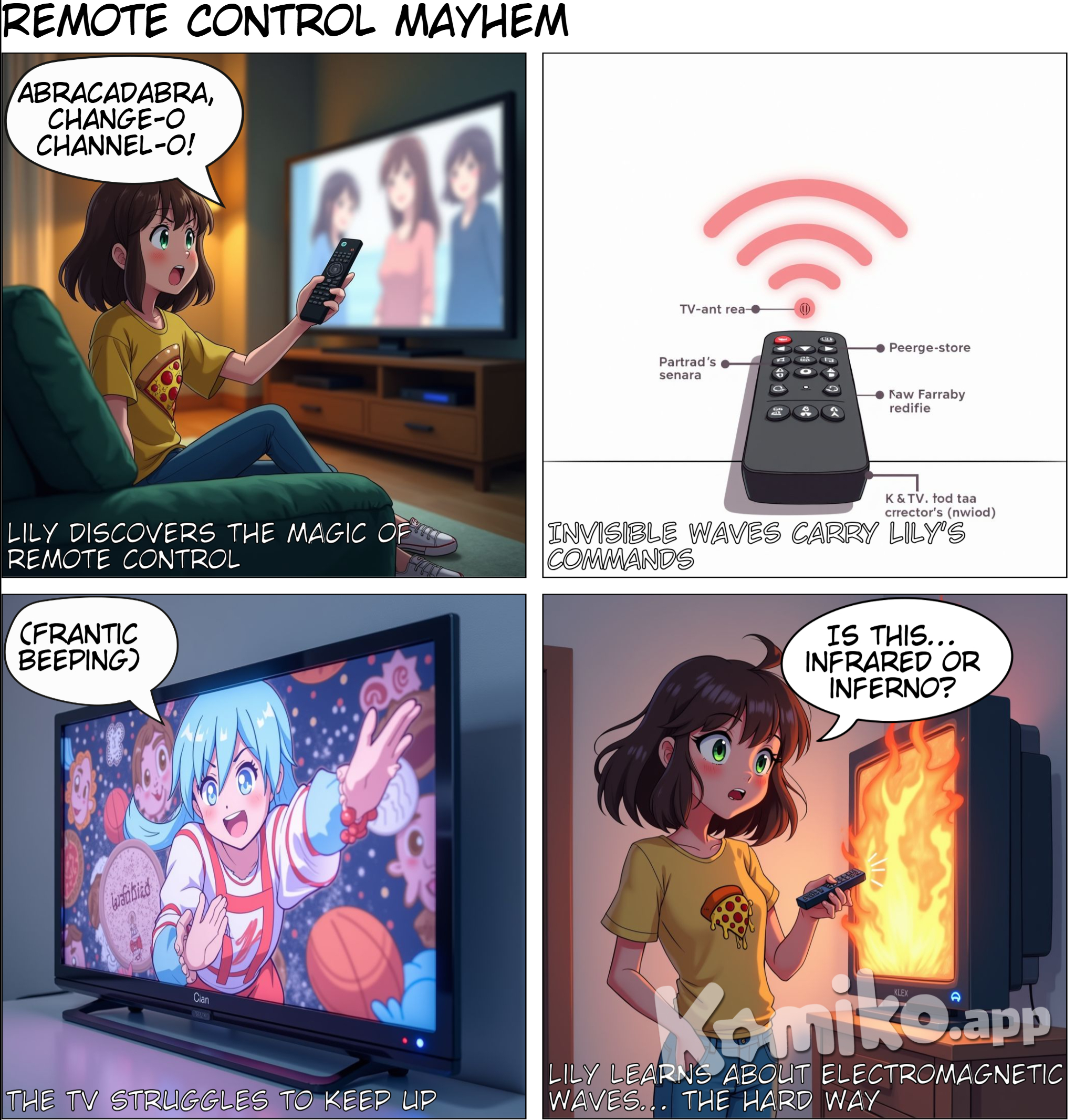 Page 3 Title: Infrared Radiation: Remote Control Panel 1: Lily is pointing a remote control at a television, changing the channel. Lily: (Smiling) It's so easy to change channels with this remote! Panel 2: A diagram showing the remote control emitting infrared light, which is detected by the television. Panel 3: A close-up of the television screen, showing the channel changing. Panel 4: Lily realizes that infrared radiation, a type of electromagnetic wave, is used to control the TV. the charactter is same as page 1