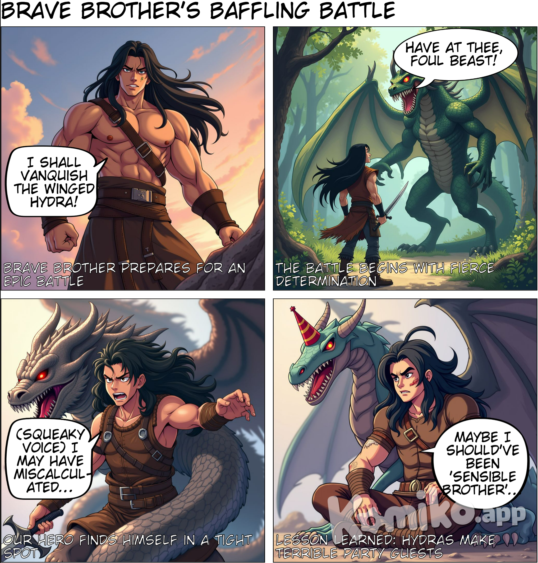 Character 0 is Brave Brother, description: A muscular young man with long, black hair. He wears leather armor and has a painful expression. The Brave Brother fights a fearsome creature, a Hydra with wings. He fought ferociously but was defeated, anime style with soft pastel color and soft lighting