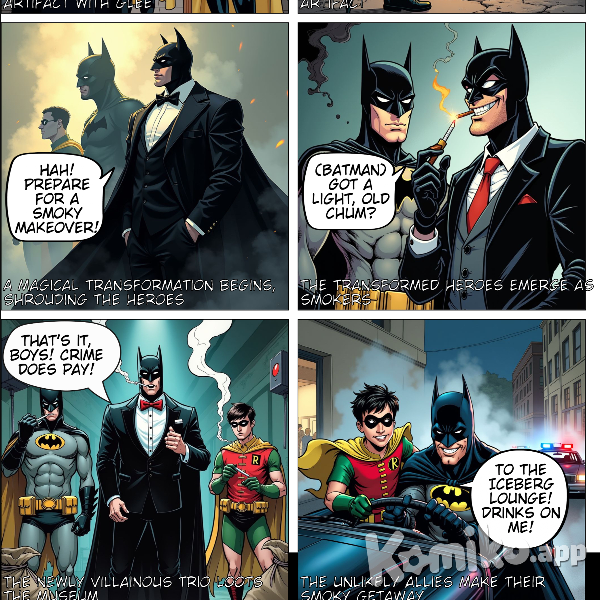 Batman & Robin investigate a robbery at a museum at night, only to discover it’s The Penguin. The Penguin reveals amongst his stolen items is an enchanted artefact which can transform others in the image of the beholder. Batman & Robin close in, cornering The Penguin, but the villain uses the artefact to transform the superheroes into evil smokers. Following transformation, he orders the duo to help him steal the rest of the exhibits.