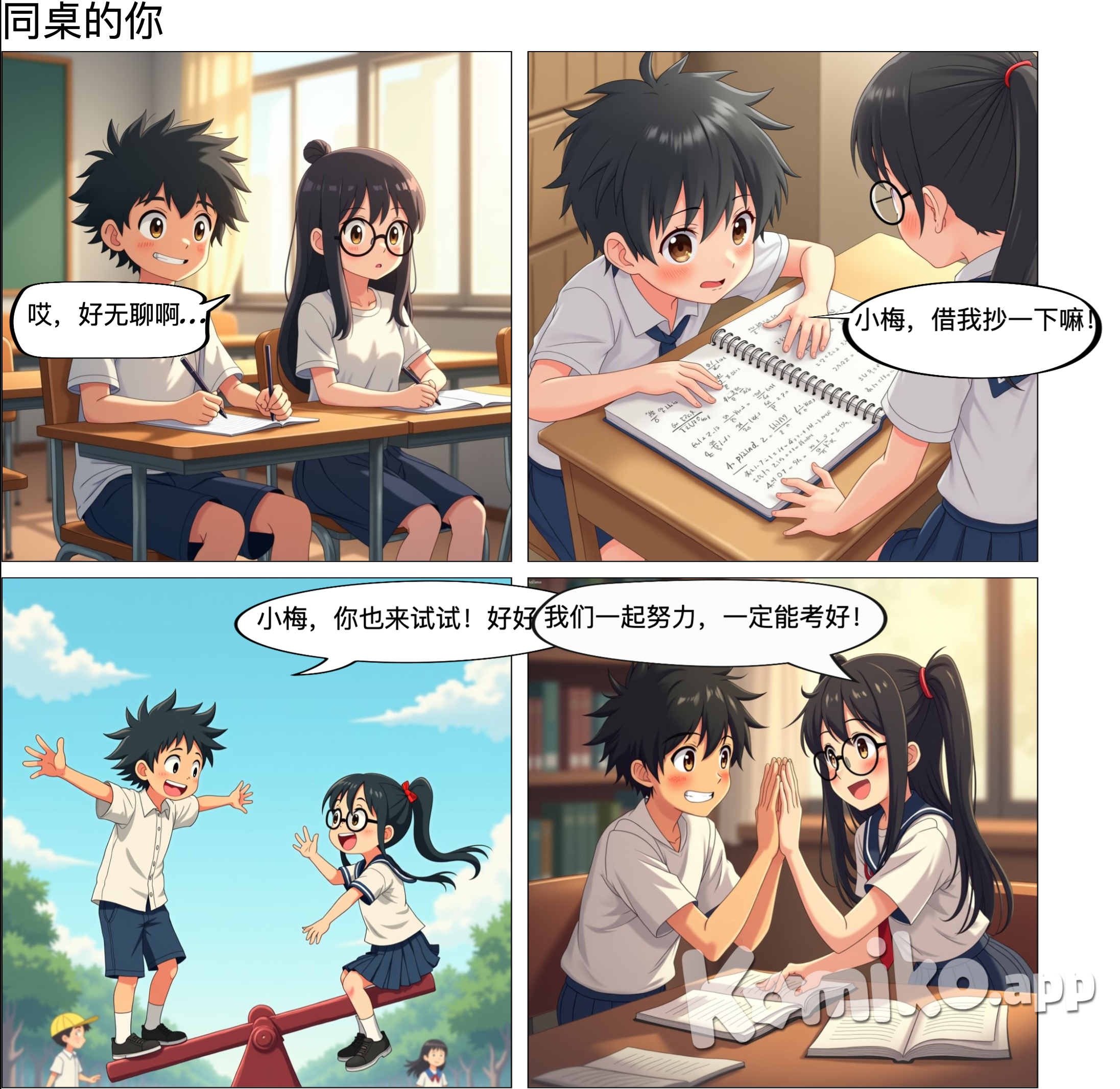 《同桌的你》讲述调皮的小强与学霸小梅成为同桌，两人从互不相识到携手闯荡校园，共同面对考试、比赛和成长的挑战，温馨又搞笑的校园故事。