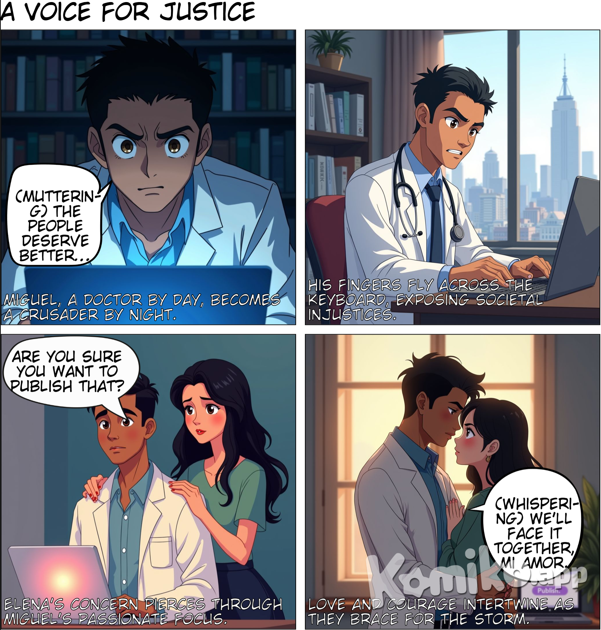 Miguel (Rizal-inspired character) o Background: A compassionate doctor and part-time writer with a strong sense of justice. He uses his medical skills to treat the underserved while voicing his thoughts online, critiquing societal ills. o Personality: Charismatic, intelligent, and passionate 2.	Elena (inspired by Josephine Bracken) o	Background: Miguel's romantic partner, supportive yet apprehensive about his activism, knowing it could lead to danger. o	Personality: Strong-willed, caring, and practical. She stands by Miguel, even though she fears for his safety. 2.	Panel 2 - Inspiration and Frustration Miguel, visibly frustrated, writes a blog post about the corruption and inequality he witnesses. Elena, standing beside him, expresses concern, saying, “Are you sure you want to publish that? You know they’re watching.”