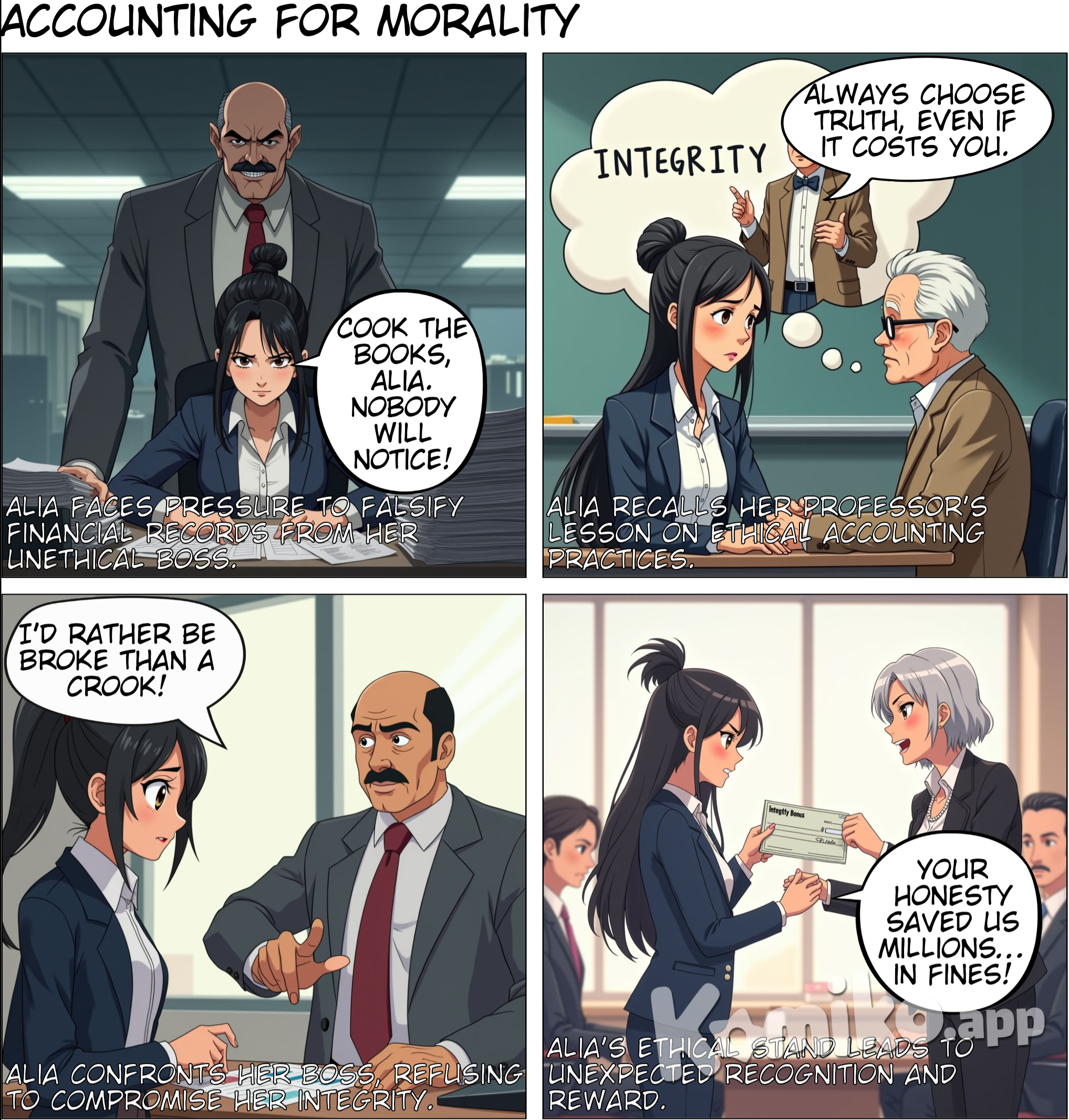 Panel 1: Stress at Work Scene: A young accountant, Alia, is sitting at her desk, surrounded by piles of documents. She looks stressed as her manager, Mr. Rahim, approaches her. The atmosphere is tense. Mr. Rahim: "Alia, we need to show better profits this quarter. Adjust the inventory valuation and use accelerated depreciation. Nobody will notice." Alia (thinking): "But... that's not accurate. It goes against MFRS standards. What should I do?" Panel 2: The Ethical Reminder Scene: Alia has a flashback to her university days. She remembers her professor, an older man with a kind face, standing in front of a class and pointing to a whiteboard with the words "Integrity in Accounting." Professor: "As accountants, we are the storytellers of numbers. Always choose the truth. Integrity is the foundation of our profession." Alia (thinking): "I can’t let this go. I have to stand up for what’s right." Panel 3: The Confrontation Scene: Back in the office, Alia stands up confidently and faces Mr. Rahim. Her expression is firm yet respectful. Alia: "Mr. Rahim, I respect you, but I can’t falsify the numbers. It violates MFRS standards and our professional ethics. Transparency is essential for our stakeholders." Mr. Rahim (surprised): "Are you willing to risk your position over this, Alia?" Alia: "I’m willing to risk it for the truth." Panel 4: Recognition Scene: A team meeting where the company’s CEO, a wise and composed leader, addresses the employees. Alia is standing among her colleagues, who are clapping. CEO: "Alia’s commitment to ethical practices saved us from potential legal trouble. Her integrity is a reminder of what makes us trustworthy as a company." Alia (smiling modestly): "Thank you. Numbers may be silent, but they always reveal the truth."