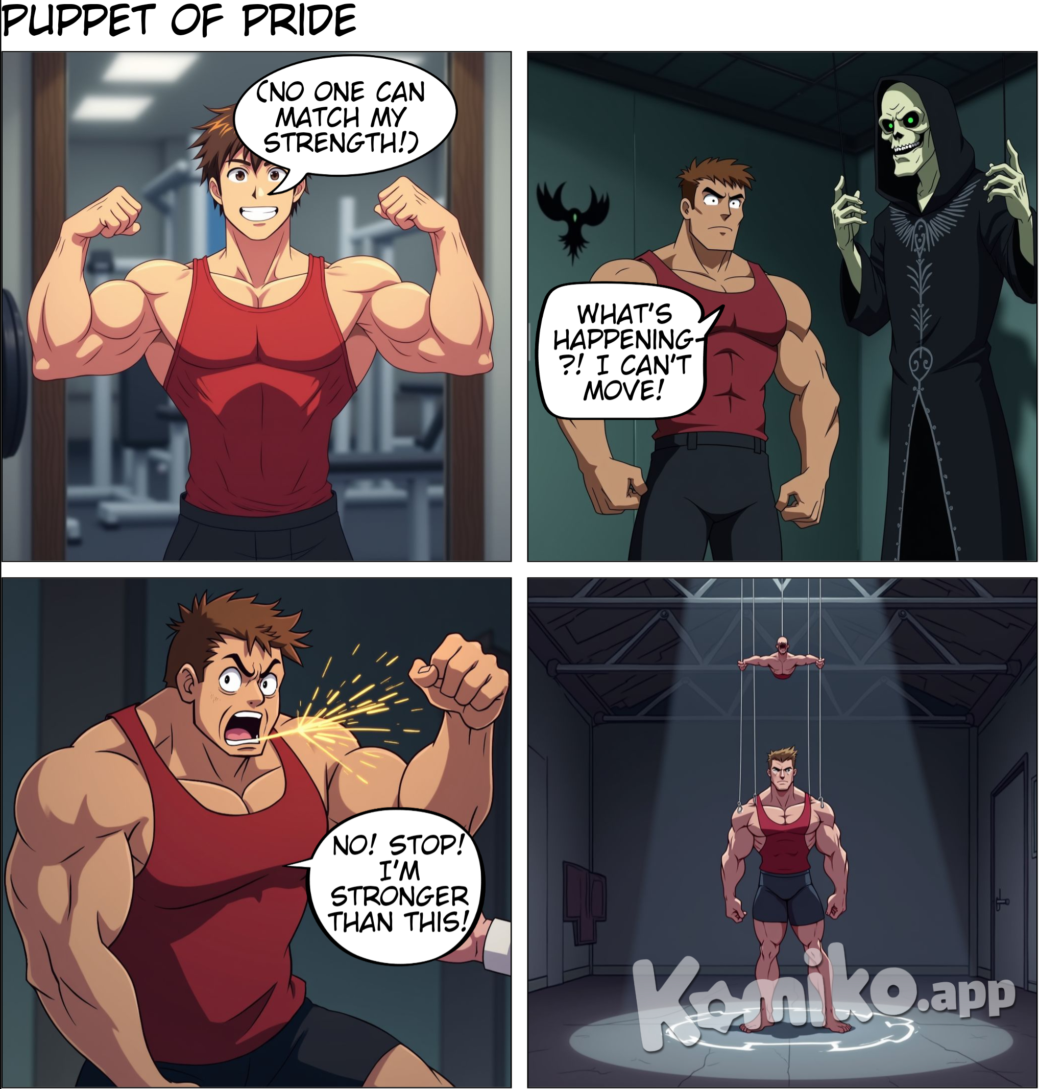 Comic Title: "The Strings of Fate"  Panel 1: Setting: The gym, filled with weights and mirrors. Brock, a muscular bodybuilder, stands proudly in front of the mirror, flexing his biceps. Caption: "Brock, the strongest in the gym, was full of pride." Brock (thought bubble): "No one can match my strength!"  Panel 2: The scene shifts abruptly. The lights dim, and an ominous shadow looms in the background. A figure with a sinister grin appears – the Marionette Master, holding strings. Caption: "But shadows lurked in the corners." Marionette Master: "Let’s see how strong you really are…"  Panel 3: Brock looks confused and frightened as he notices the strings wrapping around his limbs. Brock: "What’s happening?! I can’t move!" The Marionette Master smiles wickedly, pulling the strings taut.  Panel 4: Close-up of Brock's face, panic in his eyes. Brock (screaming): "Stop it! I won’t let you control me!"  Panel 5: The Marionette Master, with a flick of his wrist, forces Brock’s arm to punch himself in the face. Brock (speech balloon): "No! Stop! I’m stronger than this!" *Sound effect: BAM!  Panel 6: Brock’s arms are now flailing, hitting himself all over his body, frustration evident on his face. Brock: "Why can’t I stop?! I’m not a puppet!"  Panel 7: Wide shot of Brock looking defeated as he helplessly punches himself across various parts of his body. Caption: "No amount of strength could sever the strings." Brock (thought bubble): "I’m nothing but a marionette… this can’t be it!"  Panel 8: In a moment of desperation, Brock prepares to launch himself at a heavy weight. Brock: "I’ll break free!" *Sound effect: WHOOSH!  Panel 9: Just as he leaps, the strings pull him back violently, rendering him motionless. Caption: "But the strings, once taut, now embedded deep." *Sound effect: SNAP!  Panel 10: The Marionette Master stands triumphantly over the defeated Brock, who is now lifeless, hanging on the strings. Marionette Master: "Welcome to your new life, Brock. You’re my perfect puppet now."  Panel 11: Close-up of Brock's eyes, filled with despair. Brock (thought bubble): "This can’t be how it ends..."  Panel 12: Final shot of the empty gym, the weights untouched, while Brock is shown dangling in the air, strings entangled around him. Caption: "Strength is nothing without control."  End Title: "The Strings of Fate"