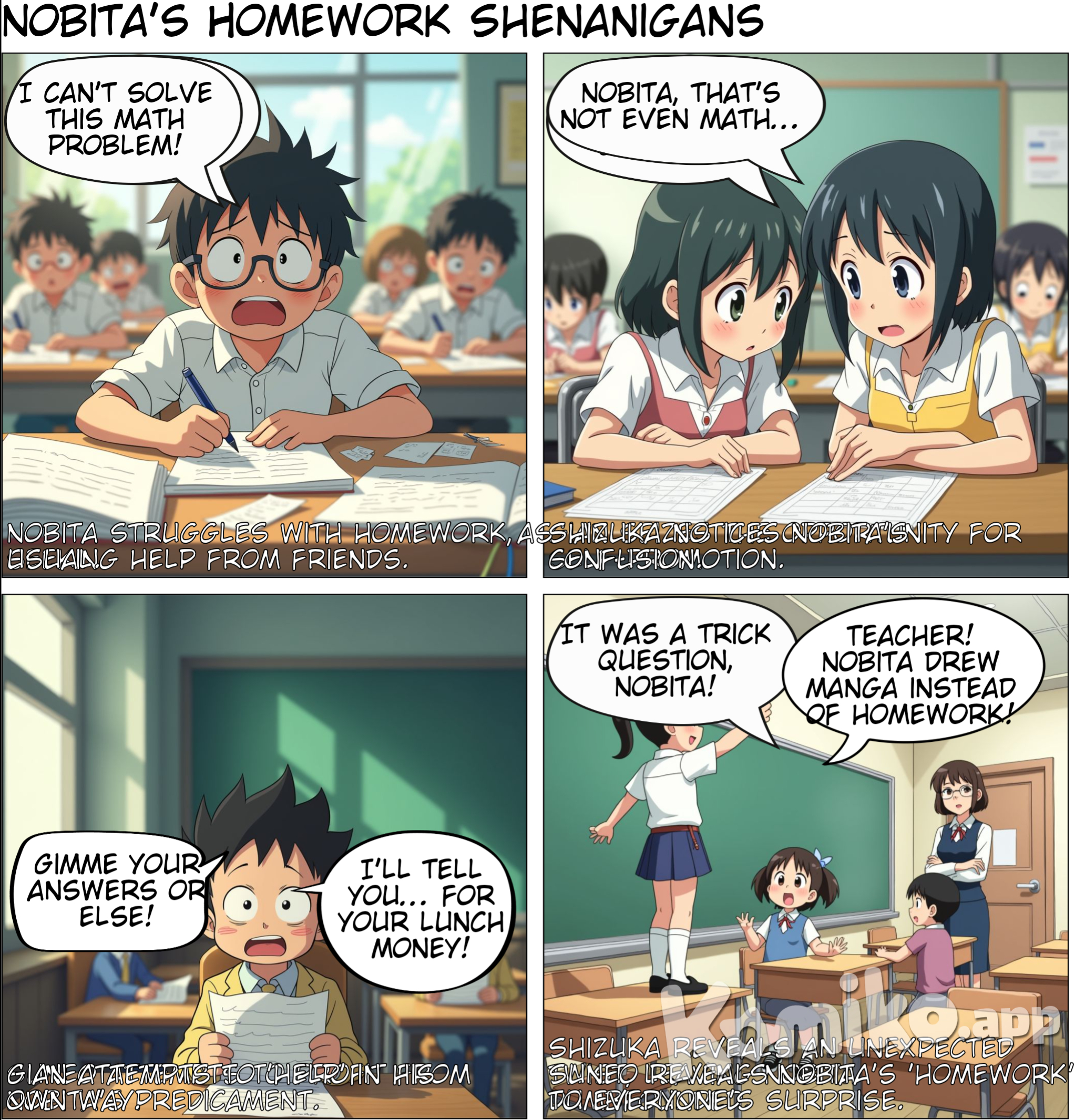 Nobita and his friends chat in class while doing homework