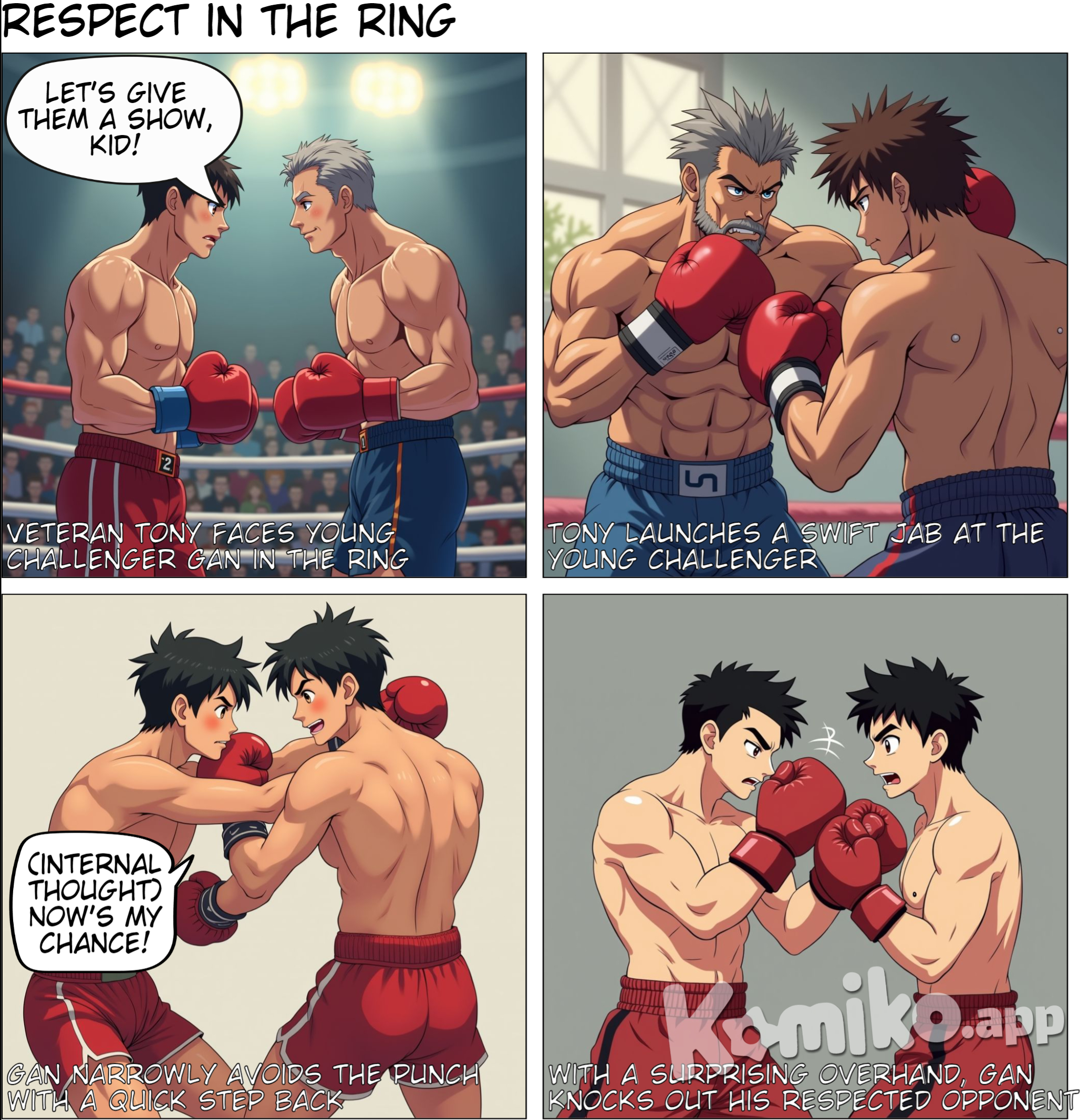 in a boxing match, Gan is a young challenger, fighting a veteran fighter Tony, who he respect. When he dodge Tony jab with step back, he give a overhand to KO Tony