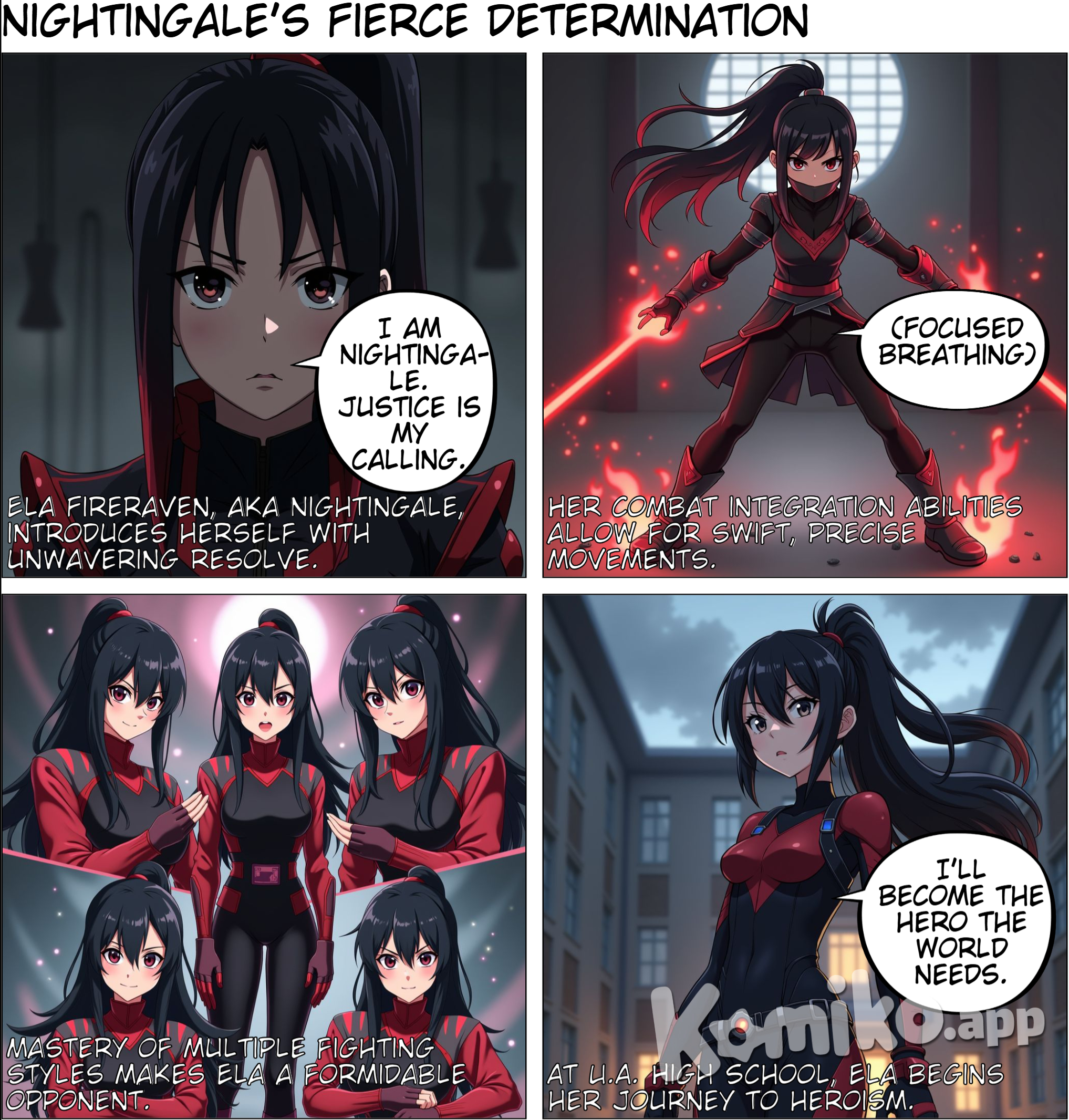 Hero Profile: Nightengale Real Name: Ela Fireraven Age: 14 Gender: Female Abilities: Combat Integration: Combines peak human conditioning, enhanced reflexes, increased endurance, problem-solving skills, and limited regeneration. Adaptability: Swiftly adapts to any combat situation, utilizing various martial arts. Fighting Styles: Mindihlu: Offensive, focuses on headbutts and open hand techniques. Ngairmeni: Mixed, focuses on pressure points and balance shifts. Jothe: Offensive, exploits opponents’ weaknesses. Dintingaa: Mixed, targets opponents’ weak points. Personality: Serious, disciplined, and driven by a strong sense of justice. Not the type to joke around. Current Status: Student at U.A. High School’s Hero Course. Hero Outfit: Designed for practicality and stealth, featuring lightweight, flexible, and durable fabric in black and red, with reinforced sections and subtle armor plating. The chest and stomach areas are protected by bulletproof metal plates made of an extremely light alloy. She wears fingerless gloves with reinforced knuckles, lightweight high-traction boots, and a compact utility belt. Her minimalistic mask covers the lower face with a filtration system, and she has a detachable hood for extra concealment. The outfit allows for acrobatic movements, reduces noise for stealth, and includes a cooling system to regulate body temperature. Hair Style: Long, straight black hair with red streaks, tied back into a high ponytail to keep it out of her face during combat. The ponytail is secured with a sleek, black band, and a few loose strands frame her face, adding a touch of elegance to her serious demeanor. Ultimate Instinct: Her ultimate move, used only in critical moments. Personal Interests and Hobbies Music: Ela enjoys listening to intense and powerful music, which helps her focus and get into the right mindset for training and battles. Her theme song is a reflection of her determined and fierce nature. Reading: She has a keen interest in reading about strategy and tactics, often studying historical battles and famous martial artists to improve her own skills. Training: Ela spends a significant amount of her free time training, constantly pushing her limits to become stronger and more agile. She practices various martial arts and incorporates new techniques into her fighting style. Family Time: Despite her serious demeanor, Ela values her family deeply. She enjoys spending time with her parents, both retired pro heroes, and often seeks their advice and support. Meditation: To maintain her mental clarity and focus, Ela practices meditation. It helps her stay calm and composed, even in the most intense situations. Sketching: In her quieter moments, Ela likes to sketch. She finds it a relaxing way to unwind and often draws scenes from her training or battles.Ela Fireraven’s Backstory (Up to Age 14) Early Childhood: Birth and Family: Ela Fireraven was born into a family of heroes. Her parents, both retired pro heroes, instilled in her a strong sense of justice and discipline from a young age. They were known for their bravery and dedication, and they hoped Ela would follow in their footsteps. Early Training: From the age of five, Ela began basic training with her parents. They taught her the fundamentals of combat, emphasizing the importance of physical fitness, mental acuity, and moral integrity. Ela showed a natural aptitude for martial arts and quickly excelled in her training. Elementary School Years: School Life: Ela attended a local elementary school where she was known for her serious demeanor and strong sense of responsibility. She often stood up for her classmates and was seen as a protector, even at a young age. Friendships: Despite her serious nature, Ela formed close bonds with a few classmates who admired her strength and determination. These friendships provided her with emotional support and helped her develop a sense of camaraderie. Continued Training: Outside of school, Ela’s training intensified. Her parents introduced her to various martial arts, including Mindihlu, Ngairmeni, Jothe, and Dintingaa. Ela’s adaptability and problem-solving skills became evident as she mastered each style. Middle School Years: Developing Abilities: As Ela entered middle school, her abilities began to manifest more clearly. Her enhanced reflexes, increased endurance, and limited regeneration set her apart from her peers. She continued to train rigorously, balancing her academic responsibilities with her physical training. Challenges: Ela faced challenges both in and out of school. Some classmates were intimidated by her abilities, leading to occasional conflicts. However, Ela’s strong sense of justice and discipline helped her navigate these situations with maturity. Mentorship: Ela’s parents continued to mentor her, providing guidance and support. They shared stories of their own hero experiences, teaching Ela valuable lessons about courage, sacrifice, and the importance of protecting others. Entering U.A. High School: Acceptance: At the age of 14, Ela was accepted into U.A. High School’s Hero Course, a prestigious program known for training the next generation of heroes. Her acceptance was a testament to her hard work, dedication, and natural talent. New Beginnings: Ela’s entry into U.A. High School marked the beginning of a new chapter in her life. She was determined to prove herself and honor her family’s legacy. Her serious and disciplined nature made her a standout student, and she quickly gained the respect of her peers and instructors. Focus on Training: While Ela was not yet fighting crime, her training at U.A. High School was intense and comprehensive. She continued to hone her skills, learning new techniques and strategies to prepare for the challenges ahead. Personal Interests and Hobbies: Music: Ela enjoys listening to intense and powerful music, which helps her focus and get into the right mindset for training and battles. Her theme song is a reflection of her determined and fierce nature. Reading: She has a keen interest in reading about strategy and tactics, often studying historical battles and famous martial artists to improve her own skills. Training: Ela spends a significant amount of her free time training, constantly pushing her limits to become stronger and more agile. She practices various martial arts and incorporates new techniques into her fighting style. Family Time: Despite her serious demeanor, Ela values her family deeply. She enjoys spending time with her parents, both retired pro heroes, and often seeks their advice and support. Meditation: To maintain her mental clarity and focus, Ela practices meditation. It helps her stay calm and composed, even in the most intense situations. Sketching: In her quieter moments, Ela likes to sketch. She finds it a relaxing way to unwind and often draws scenes from her training or battles. Early Childhood: Birth and Family: Ela Fireraven was born into a family of heroes. Her parents, both retired pro heroes, instilled in her a strong sense of justice and discipline from a young age. They were known for their bravery and dedication, and they hoped Ela would follow in their footsteps. Early Training: From the age of five, Ela began basic training with her parents. They taught her the fundamentals of combat, emphasizing the importance of physical fitness, mental acuity, and moral integrity. Ela showed a natural aptitude for martial arts and quickly excelled in her training. Elementary School Years: School Life: Ela attended a local elementary school where she was known for her serious demeanor and strong sense of responsibility. She often stood up for her classmates and was seen as a protector, even at a young age. Friendships: Despite her serious nature, Ela formed close bonds with a few classmates who admired her strength and determination. These friendships provided her with emotional support and helped her develop a sense of camaraderie. Continued Training: Outside of school, Ela’s training intensified. Her parents introduced her to various martial arts, including Mindihlu, Ngairmeni, Jothe, and Dintingaa. Ela’s adaptability and problem-solving skills became evident as she mastered each style. Middle School Years: Developing Abilities: As Ela entered middle school, her abilities began to manifest more clearly. Her enhanced reflexes, increased endurance, and limited regeneration set her apart from her peers. She continued to train rigorously, balancing her academic responsibilities with her physical training. Challenges: Ela faced challenges both in and out of school. Some classmates were intimidated by her abilities, leading to occasional conflicts. However, Ela’s strong sense of justice and discipline helped her navigate these situations with maturity. Mentorship: Ela’s parents continued to mentor her, providing guidance and support. They shared stories of their own hero experiences, teaching Ela valuable lessons about courage, sacrifice, and the importance of protecting others. Entering U.A. High School: Acceptance: At the age of 14, Ela was accepted into U.A. High School’s Hero Course, a prestigious program known for training the next generation of heroes. Her acceptance was a testament to her hard work, dedication, and natural talent. New Beginnings: Ela’s entry into U.A. High School marked the beginning of a new chapter in her life. She was determined to prove herself and honor her family’s legacy. Her serious and disciplined nature made her a standout student, and she quickly gained the respect of her peers and instructors. Focus on Training: While Ela was not yet fighting crime, her training at U.A. High School was intense and comprehensive. She continued to hone her skills, learning new techniques and strategies to prepare for the challenges ahead. Dark fantasy ANIME art STYLE