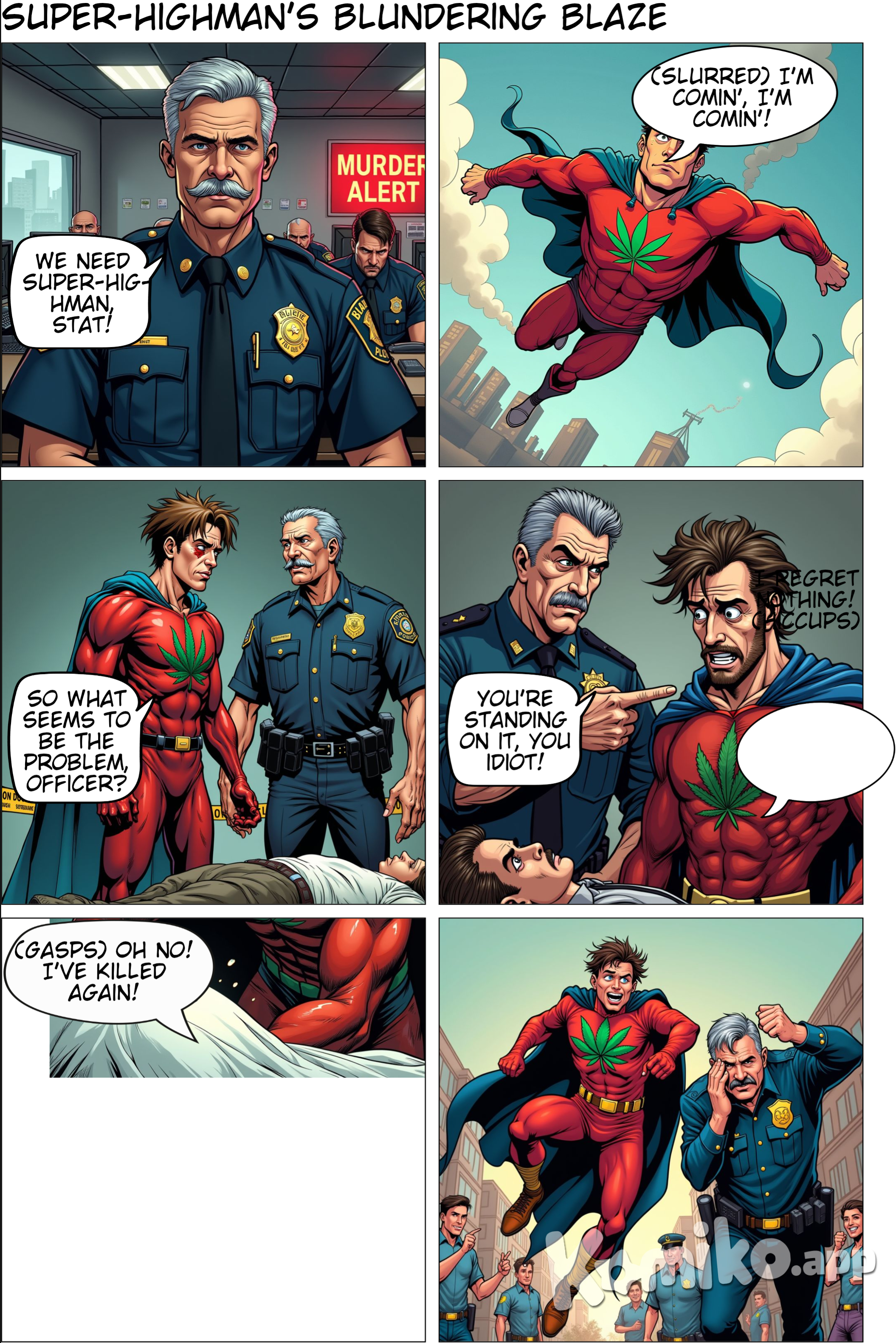 A superhero named Super-highman. He has bloodshot drooping eyes. Panel one: A police station,  a murder has been committed. The police call Super-highman. Panel 2: Super-highman flies to the scene. Panel 3: Super-highman is standing on a corpse and asks the police officer what the problem is. Panel 4: The police officer says to Super-highman "you are standing on it"