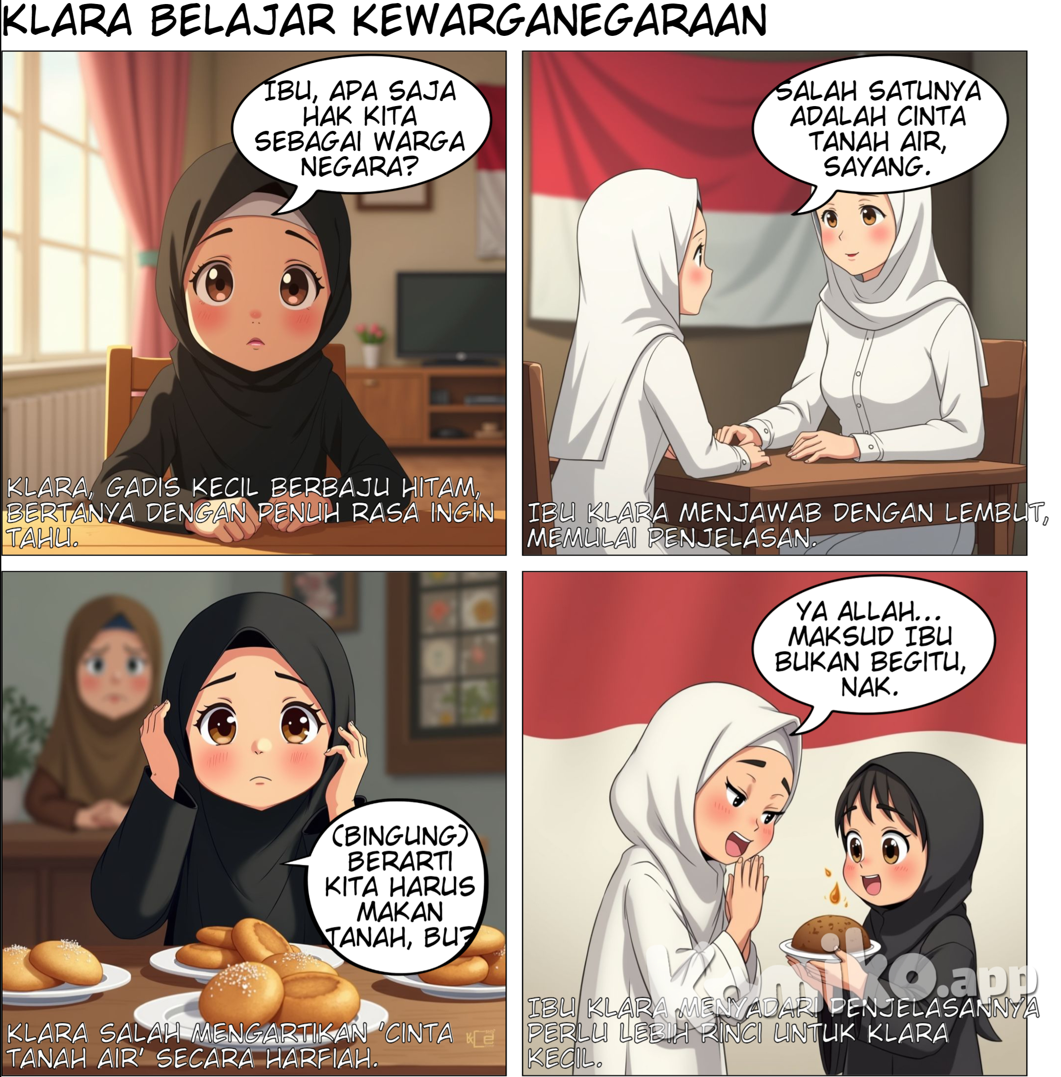 ada seorang anak yang memakai baju muslim berwarna hitam dengan hijab hitam bernama klara dia berusia 6 tahun dia mempunyai ibu memakai gamis berwarna putih dengan hijab berwarna putih berusia 29 tahun dan klara bertanya kepada ibunya apa saja hak kita sebagai warga negara indonesia ibu menjawab pertanyaan klara yaitu cinta tanah air dan sadar berbangsa dan bernegara