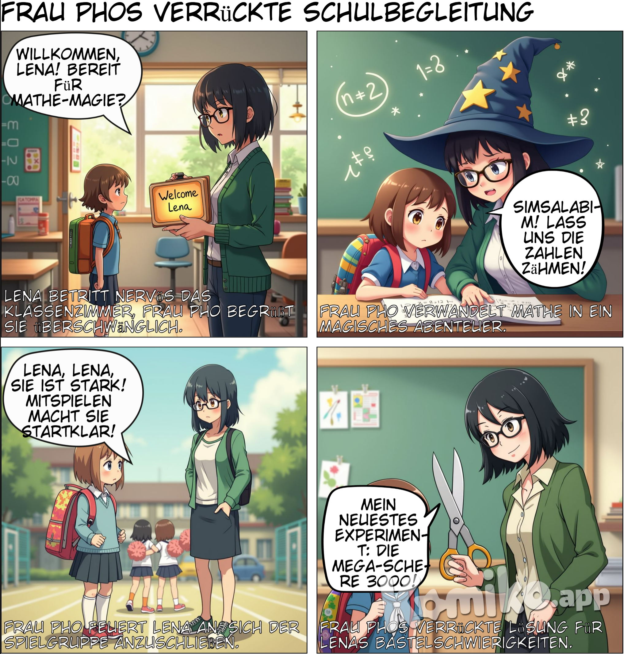 Es ist Montagmorgen, kurz vor Unterrichtsbeginn, und Lena kommt mit ihrem Ranzen durch die Tür ihrer Grundschulklasse. Sie wirkt ein wenig nervös, aber da ist Frau Pho, ihre Schulbegleiterin, die sie gleich freundlich begrüßt. Gemeinsam gehen sie zu Lenas Platz, und Frau Pho hilft ihr, die Materialien für den Tag vorzubereiten. Die erste Stunde ist Mathematik. Lena setzt sich an ihren Platz, doch schon bei der zweiten Aufgabe runzelt sie die Stirn und sieht verwirrt aus. Frau Pho rückt ein Stück näher. "Lena, wollen wir die Aufgabe zusammen anschauen?" fragt sie leise. Lena nickt. Frau Pho zeigt ihr, wie sie die Aufgabe in kleinere Schritte zerlegen kann. Nach und nach versteht Lena, wie sie vorgehen muss, und beginnt konzentriert zu arbeiten. "Gut gemacht, Lena! Schau, wie sauber deine Lösung ist," lobt Frau Pho. Lena strahlt ein wenig, bevor sie sich der nächsten Aufgabe widmet. In der Pause zieht sich Lena zunächst zurück und bleibt in der Nähe der Bank am Rand des Schulhofs. Frau Pho beobachtet sie aus der Nähe und spricht sie schließlich an. "Möchtest du mit den anderen spielen? Sie werfen gerade den Ball hin und her." Lena zögert. "Ich weiß nicht, ob sie mich mitspielen lassen," sagt sie leise. Frau Pho lächelt aufmunternd. "Wie wäre es, wenn wir zusammen hingehen und fragen?" Sie gehen gemeinsam zu der kleinen Gruppe. Mit Frau Phos Unterstützung fragt Lena, ob sie mitmachen darf, und nach einem kurzen Moment bekommt sie den Ball zugeworfen. Später, im Kunstunterricht, steht das Basteln einer Collage an. Lena sieht die vielen Materialien auf ihrem Tisch – Schere, Kleber, bunte Papiere – und wirkt etwas überfordert. Frau Pho ist sofort zur Stelle. "Lena, wir machen das Schritt für Schritt. Fang doch mal an, ein paar schöne Farben auszuwählen." Lena greift nach den Papieren, doch das Schneiden fällt ihr schwer. Frau Pho reicht ihr eine spezielle Schere und zeigt ihr, wie sie die Formen schneiden kann. "Wow, das sieht schon toll aus!" sagt Frau Pho, als Lena ihre ersten ausgeschnittenen Teile aufklebt. Kurz vor Schulschluss gibt es eine kleine Aufregung. Ein anderes Kind hat versehentlich Lenas Klebestift mitgenommen. Lena merkt es sofort und wird wütend. "Das ist meiner!" ruft sie und zieht sich in ihren Stuhl zurück. Tränen schießen ihr in die Augen. Frau Pho kniet sich neben sie und spricht beruhigend auf sie ein. "Lena, lass uns herausfinden, was passiert ist, okay? Manchmal passieren Missverständnisse." Gemeinsam sprechen sie mit dem anderen Kind, das sich entschuldigt und den Klebestift zurückgibt. Frau Pho lobt Lena danach leise: "Du hast das toll gemacht, ruhig zu bleiben und zu erklären, was passiert ist." Nach dem Unterricht bleibt Frau Pho noch kurz in der Schule, um sich mit Lenas Klassenlehrerin Frau Rami und später mit Lenas Eltern auszutauschen. Zunächst trifft sie sich mit Frau Rami im Lehrerzimmer. „Wie hat Lena sich heute in der Gruppe gemacht?“ fragt Frau Pho. Frau Rami lächelt. „Ich habe gemerkt, dass sie sich im Ballspiel in der Pause gut integriert hat. Das war schön zu sehen. Aber im Unterricht braucht sie weiterhin viel Unterstützung, besonders bei offenen Aufgaben.“ Frau Pho nickt. „Ja, da stimme ich zu. Ich habe heute versucht, ihr zu zeigen, wie sie die Matheaufgaben in kleinere Schritte zerlegen kann. Vielleicht könnten wir das in der nächsten Woche auch gemeinsam üben, damit sie es irgendwann alleine schafft?“ Frau Rami ist einverstanden. Sie besprechen, dass sie Lena gezielte Übungsblätter bereitstellen wird, die Frau Pho mit ihr bearbeiten kann. Am Nachmittag telefoniert Frau Pho mit Lenas Eltern, um sie auf dem Laufenden zu halten. „Lena hatte heute einen guten Tag,“ beginnt sie. „Im Mathematikunterricht war sie konzentriert, und beim Ballspiel in der Pause hat sie sich getraut, mitzumachen.“ Frau Pho erklärt, wie sie Lena geholfen hat, den Konflikt um den Klebestift zu lösen. Lenas Mutter fragt besorgt: „Wie ist das im Kunstunterricht gelaufen? Lena hat zu Hause oft Schwierigkeiten, wenn sie basteln soll.“ Frau Pho beruhigt sie: „Das stimmt, sie hat sich anfangs etwas überfordert gefühlt, aber mit der speziellen Schere und Schritt-für-Schritt-Anleitungen hat sie am Ende eine tolle Collage geschaffen.“ Die Eltern berichten wiederum, dass Lena zu Hause oft Schwierigkeiten hat, längere Aufgaben ohne Ablenkung zu erledigen. Gemeinsam überlegen sie, wie sie Lenas Konzentration fördern können – sowohl in der Schule als auch zu Hause. „Vielleicht könnten wir die Ansätze aus der Schule auch bei den Hausaufgaben anwenden,“ schlägt Frau Pho vor. „Zum Beispiel, indem wir die Aufgaben in Etappen planen und sie danach für ihre Fortschritte loben.“ Lenas Eltern sind dankbar für die Ideen und freuen sich über die Fortschritte, die Lena macht.