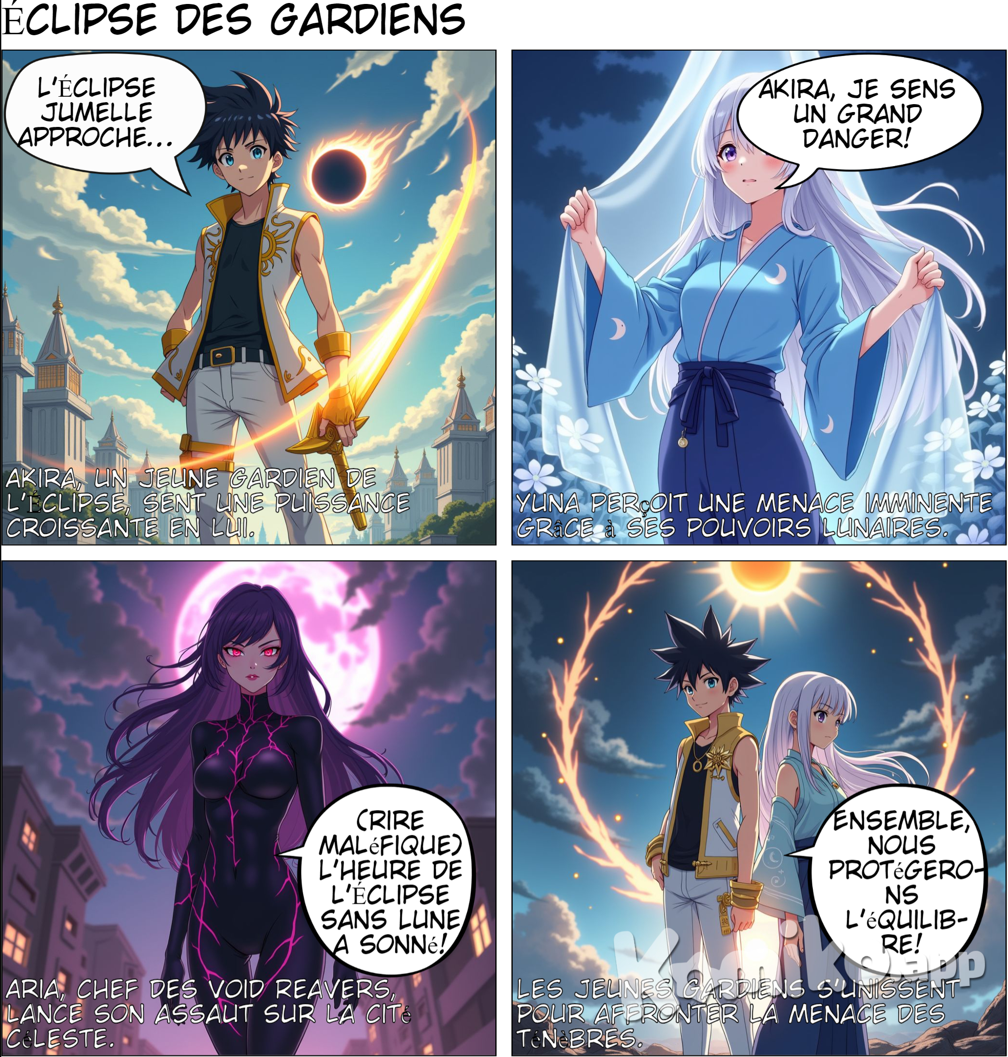 BRN Titre de l'anime : « Eclipse Chronicles : Guardians of the Void » Genre : Fantastique, Action, Surnaturel Thèmes : Magie, Amitié, Pouvoirs cachés, Trahison Paramètre: Dans un monde où le soleil et la lune détiennent des pouvoirs mystiques, l'équilibre entre la lumière et les ténèbres est maintenu par un ordre ancien connu sous le nom des Gardiens de l'Éclipse . Ces gardiens possèdent de puissantes reliques appelées « Arcanes Célestes » qui leur confèrent une force et un contrôle immenses sur les forces de la nature. Cependant, une mystérieuse organisation fantôme appelée The Void Reavers cherche à briser cet équilibre, plongeant le monde dans les ténèbres éternelles. Notre histoire se déroule à Astraea , une ville flottante au-dessus des nuages où s'entraînent les Gardiens de l'Éclipse. En contrebas se trouvent les terres chaotiques de Shadowlands , où les ténèbres et les créatures corrompues errent librement. Personnages principaux : Akira Suzumori ( Protagoniste ) : Un jeune homme de 17 ans fougueux et téméraire qui rêve de devenir le plus puissant des Gardiens de l'Éclipse. Akira manie la Lame solaire , une relique qui tire son pouvoir du soleil. Il a toujours eu un lien profond avec la lumière du soleil, mais son véritable potentiel reste inexploité. Personnalité : Passionné, têtu et colérique, mais il se soucie profondément de ses amis. Yuna Hayami ( amie d'enfance ) : calme et intelligente, Yuna est la voix de la raison dans le groupe. Elle porte le voile lunaire , une relique qui contrôle les illusions et guérit grâce à la lumière de la lune. Sa famille fait partie des Gardiens de l'éclipse depuis des générations, et elle porte le fardeau de se montrer à la hauteur de leur héritage. Personnalité : compatissante, stratégique et protectrice. Ryu Kazama ( Rival/Anti-Héros ) : Un loup solitaire qui cache un sombre secret. C'est un ancien Void Reaver qui a fait défection auprès des Gardiens. Ryu manie le Twilight Fang , une arme à double tranchant contenant à la fois la lumière et l'obscurité. Personnalité : Cool, distant et tourmenté par son passé, mais qui se bat finalement pour la justice. Aria Noir ( méchante/traîtresse ) : autrefois alliée proche des Gardiens, Aria s'est retournée contre eux après avoir découvert une ancienne prophétie prédisant la montée d'une « éclipse sans lune » qui apporterait un pouvoir ultime à son porteur. Elle dirige désormais les Void Reavers avec une volonté de fer, déterminée à réécrire le destin. Personnalité : charismatique, impitoyable et hautement manipulatrice. Parcelle: L'histoire débute lorsqu'un événement céleste rare, connu sous le nom d' Éclipse Jumelle , approche. On dit qu'il éveille de nouveaux pouvoirs chez les Gardiens et les Reavers du Vide. Akira, Yuna et leurs camarades stagiaires se préparent pour leur test final pour devenir des Gardiens de l'Éclipse à part entière. Cependant, les terrains d'entraînement sont attaqués par Aria et les Reavers du Vide, déclenchant une chaîne d'événements qui dégénère en une guerre entre la lumière et les ténèbres. Alors que les pouvoirs d'Akira commencent à s'éveiller, il découvre un secret caché sur sa lignée : il est le descendant d'une union interdite entre un Gardien et un Reaver du Néant. Cela fait de lui à la fois un symbole d'espoir et une menace pour le monde entier. Pour couronner le tout, le sombre passé de Ryu avec les Reavers du Néant provoque des tensions au sein du groupe, car personne ne sait s'ils peuvent pleinement lui faire confiance. Épisodes clés : Épisode 1 : Le réveil des jumeaux Eclipse L'histoire commence avec Akira et Yuna s'entraînant ensemble lorsqu'ils sont pris en embuscade par des Void Reavers. Pendant la bataille, la Lame solaire d'Akira commence à résonner avec une puissance inconnue, attirant l'attention d'Aria Noir. L'épisode se termine avec la destruction d'une partie d'Astraea et le rassemblement des Gardiens de l'Éclipse pour défendre la ville. Épisode 5 : Les ombres de la trahison Les Gardiens apprennent qu'un traître se cache parmi leurs rangs. Alors que les soupçons grandissent, Akira commence à douter de Ryu, qui semble cacher quelque chose. Pendant ce temps, Yuna découvre un message secret de ses ancêtres, avertissant de l'arrivée d'une éclipse sans lune. Épisode 10 : La Lumière et les Ténèbres entrent en collision Les Reavers du Vide lancent un assaut à grande échelle sur Astraea. Dans un combat dramatique, Akira et Aria s'affrontent pour la première fois, et les pouvoirs latents d'Akira explosent, détruisant presque le champ de bataille. Cependant, Aria révèle que la véritable destinée d'Akira n'est peut-être pas celle de Gardien, mais celle d'annonciateur de l'Éclipse sans lune. Épisode 15 : L'abîme intérieur Akira, désormais accablé par sa double nature, se lance dans un voyage vers les Terres des Ombres pour découvrir la vérité sur ses origines. Ryu l'accompagne et les deux se lient par la douleur partagée et les trahisons passées. Cependant, ils sont pris en embuscade par les Reavers du Néant, forçant Akira à affronter les ténèbres qui sommeillent en lui. Épisode 20 : L'Éclipse du destin La bataille finale approche alors que l'Éclipse jumelle approche de son apogée. Akira doit décider s'il doit embrasser à la fois la lumière et les ténèbres pour sauver le monde ou risquer de devenir ce qu'il craint. Yuna se tient à ses côtés, lui offrant son clair de lune pour équilibrer ses pouvoirs chaotiques. Ensemble, ils affrontent Aria et les Void Reavers dans une bataille qui déterminera le destin du monde. Thèmes et éléments : Équilibre entre lumière et ténèbres : Le thème central du jeu est la recherche de l'harmonie entre des forces opposées. Akira incarne ce concept avec son héritage mixte, tiraillé entre la lumière du Gardien et les ténèbres du Reaver du Vide. Trahison et confiance : la série explorera comment la confiance peut être facilement brisée et difficile à reconstruire, en particulier à travers la tension entre Akira, Ryu et les autres Gardiens. Amitié et sacrifice : l'amitié de Yuna et Akira sera mise à l'épreuve à plusieurs reprises, car elle devra prendre des décisions difficiles qui pourraient mettre sa loyauté envers les Gardiens en contradiction avec son attention envers Akira. Destin contre libre arbitre : les personnages seront confrontés au concept de destin : doivent-ils suivre le chemin qui leur est annoncé ou forger leur propre avenir ? Style artistique et ambiance : Scènes de bataille épiques avec des effets de magie claire/obscure époustouflants ! De belles villes flottantes avec une architecture grandiose et une nature entrelacée ! Des moments émouvants qui vous feront pleurer 😭 ! Créatures mystérieuses et ténébreuses des Shadowlands qui ajoutent un élément d'horreur à la fantaisie.