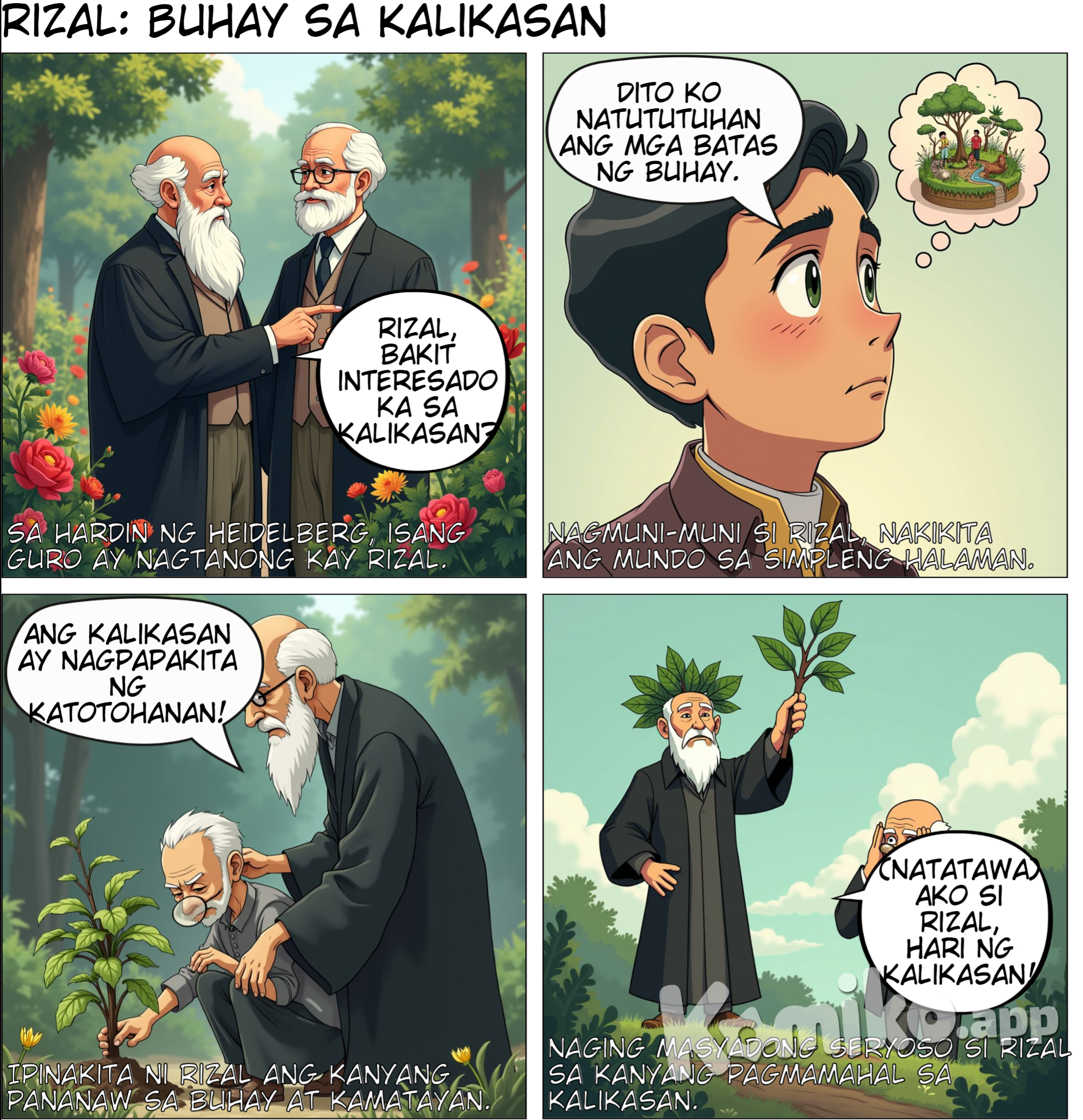 (Tagpo: Rizal kausap ang isang guro sa Heidelberg habang tinitingnan ang mga halaman.) Guro: "Rizal, bakit interesadong-interesado ka sa kalikasan?" Rizal: "Dahil dito ko natututuhan ang mga batas ng buhay—ang kalikasan ay nagpapakita ng katotohanan."