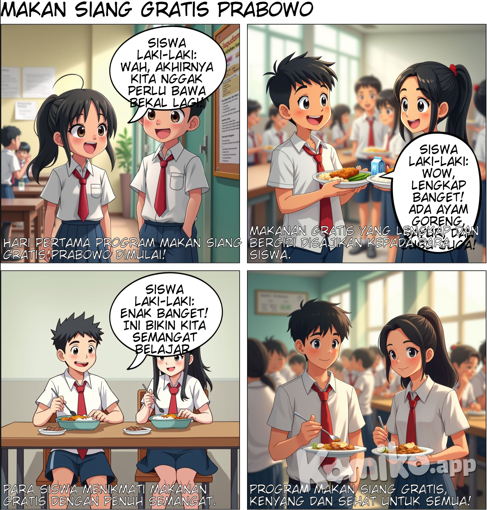 Panel 1 (Deskripsi: Gambar dua siswa SMP, satu laki-laki dan satu perempuan, sedang berdiri di kantin sekolah. Keduanya mengenakan seragam SMP Indonesia khas: kemeja putih dan celana pendek biru untuk siswa laki-laki, dan kemeja putih dengan rok panjang biru untuk siswi perempuan. Siswa laki-laki berambut pendek rapi, sementara siswi perempuan berambut hitam panjang diikat dengan ekor kuda. Mereka melihat papan pengumuman dengan wajah bersemangat.) Teks di atas gambar: "Hari pertama program makan siang gratis Prabowo dimulai!" Siswa Laki-Laki (tersenyum lebar): "Wah, akhirnya kita nggak perlu bawa bekal lagi!" Siswa Perempuan (tersenyum, tangan di dada): "Aku penasaran makanannya apa hari ini." Panel 2 (Deskripsi: Staf kantin tersenyum hangat, memberikan nampan berisi makanan. Nampan berisi nasi putih, ayam goreng, sayuran, dan susu kotak. Siswa laki-laki, dengan ekspresi bersemangat, menerima nampan pertama. Siswi perempuan, dengan senyum manis, mengambil nampan berikutnya. Latar belakang menunjukkan barisan siswa lain yang juga menunggu giliran. Detail seragam mereka terlihat rapi, dengan lencana sekolah di saku kiri kemeja mereka.) Siswa Laki-Laki (dengan mata berbinar): "Wow, lengkap banget! Ada ayam goreng, sayur, dan susu juga!" Siswa Perempuan (senyum puas): "Ini jauh lebih baik dari yang aku bayangkan!" Panel 3 (Deskripsi: Kedua siswa duduk di meja kantin, siap menyantap makanan. Meja kayu panjang dengan nampan makanan di atasnya. Siswa laki-laki duduk dengan posisi santai tapi antusias, sementara siswi perempuan duduk tegak dengan tangan di atas meja, memegang sendok. Keduanya masih mengenakan seragam yang rapi, dengan dasi merah khas SMP. Mereka saling tersenyum, menikmati makanan.) Siswa Laki-Laki (dengan gembira): "Enak banget! Ini bikin kita semangat belajar." Siswa Perempuan (sambil tersenyum hangat): "Iya, apalagi kalau setiap hari makanannya kayak gini." Panel 4 (Deskripsi: Siswa laki-laki dan perempuan sedang menyelesaikan makan mereka dengan wajah puas. Piring mereka hampir kosong. Di belakang mereka, ada siswa-siswa lain yang juga menikmati makan siang di kantin yang ramai. Cahaya matahari masuk dari jendela kantin, menciptakan suasana cerah. Keduanya terlihat bahagia dan kenyang. Seragam mereka tetap rapi, dan suasana kantin penuh dengan senyum dan tawa.) Teks di bawah gambar: "Program makan siang gratis, kenyang dan sehat untuk semua!"