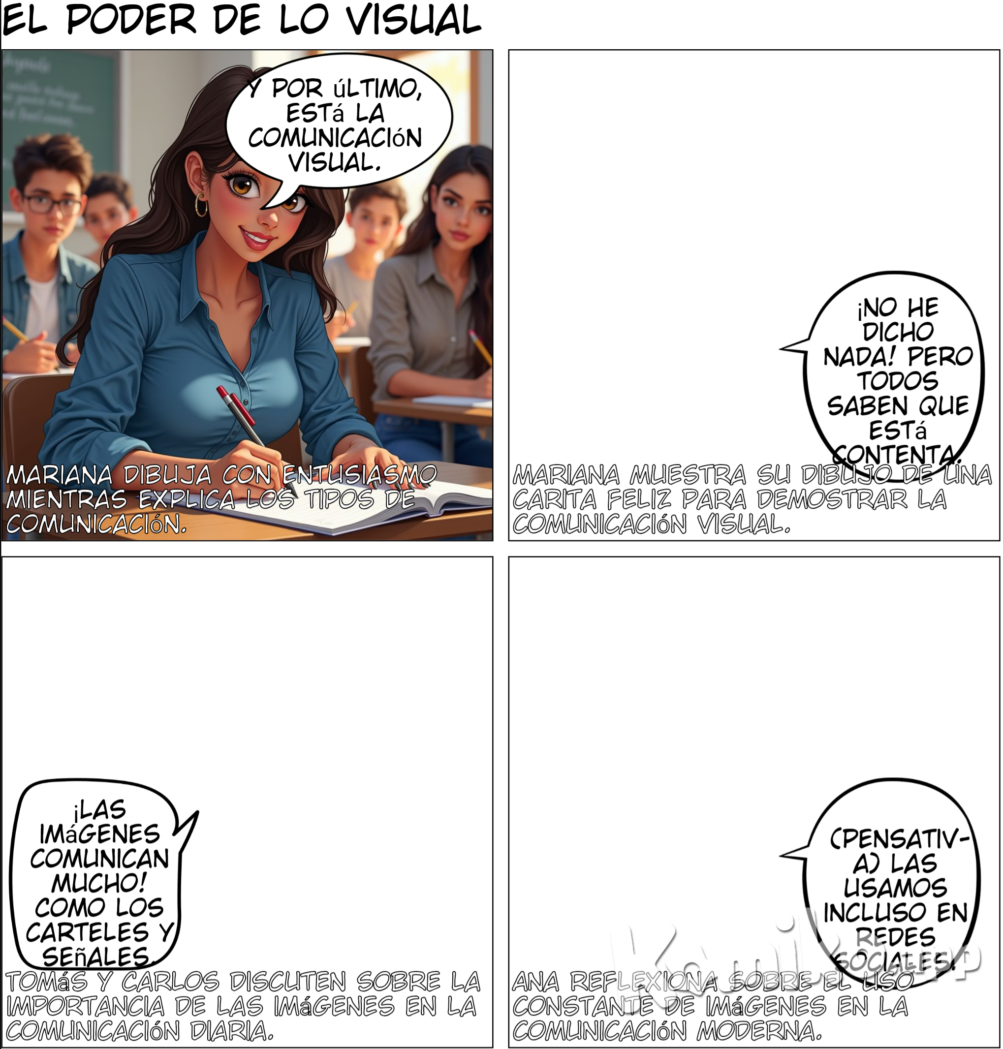 Escena 5: Comunicación unidireccional  Mariana saca un lápiz y empieza a dibujar con rapidez en su cuaderno, mientras los demás la observan con curiosidad.  Mariana: (dibujando) Y por último, está la comunicación visual. A veces, una imagen puede transmitir mucho más que las palabras. Por ejemplo, este dibujo de una cara feliz.   (Muestra un dibujo de una carita sonriente en su cuaderno.)  Mariana: (sonriendo) ¡No he dicho nada! Pero todos saben que esta carita está contenta, ¿verdad?  Tomás: (entusiasmado) ¡Claro! Las imágenes también comunican mucho, por eso los carteles y las señales de tráfico son tan importantes.  Carlos: (asintiendo) O el arte. El arte puede transmitir sentimientos, ideas y hasta historias sin necesidad de usar palabras.   (Se muestra una viñeta con diferentes imágenes: una carita feliz, un cartel de tráfico, una obra de arte.)  Ana: (pensativa) Nunca había pensado en cómo las imágenes pueden ser tan poderosas. Todo el tiempo las usamos, ¡incluso en las redes sociales!    ---