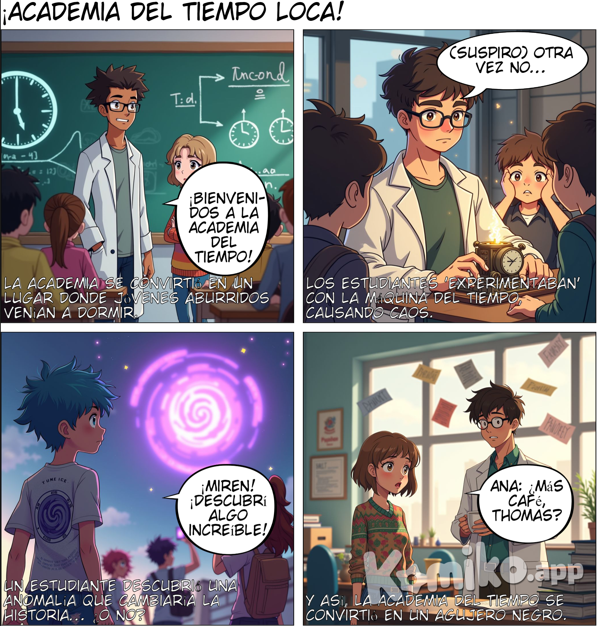 Personajes principales  Thomas: Un joven introvertido, de pelo corto y crespo, de color café no tan oscuro, alto y musculoso, de piel morena, ojos color avellana y facciones delicadas  Ana: Una joven curiosa, de pelo corto y ondulado, de color castaño claro, de estatura media y de contextura delgada, de piel blanca, con ojos claros, y facciones suaves y delicadas Página 7: La Academia del Tiempo Viñeta 1: (Ana y Tom enseñando a un grupo de estudiantes) •	Texto: “La academia se convirtió en un lugar donde jóvenes de todo el mundo venían a aprender sobre el tiempo, el arte y la ciencia.” Viñeta 2: (Estudiantes experimentando con la máquina del tiempo) •	Texto: “Los estudiantes realizaban sus propios experimentos con la máquina del tiempo, siempre bajo la supervisión de Ana y Tom.” Viñeta 3: (Un estudiante descubre algo inesperado) •	Texto: “Un día, un estudiante descubrió una anomalía en el tiempo que podría cambiar el curso de la historia.”