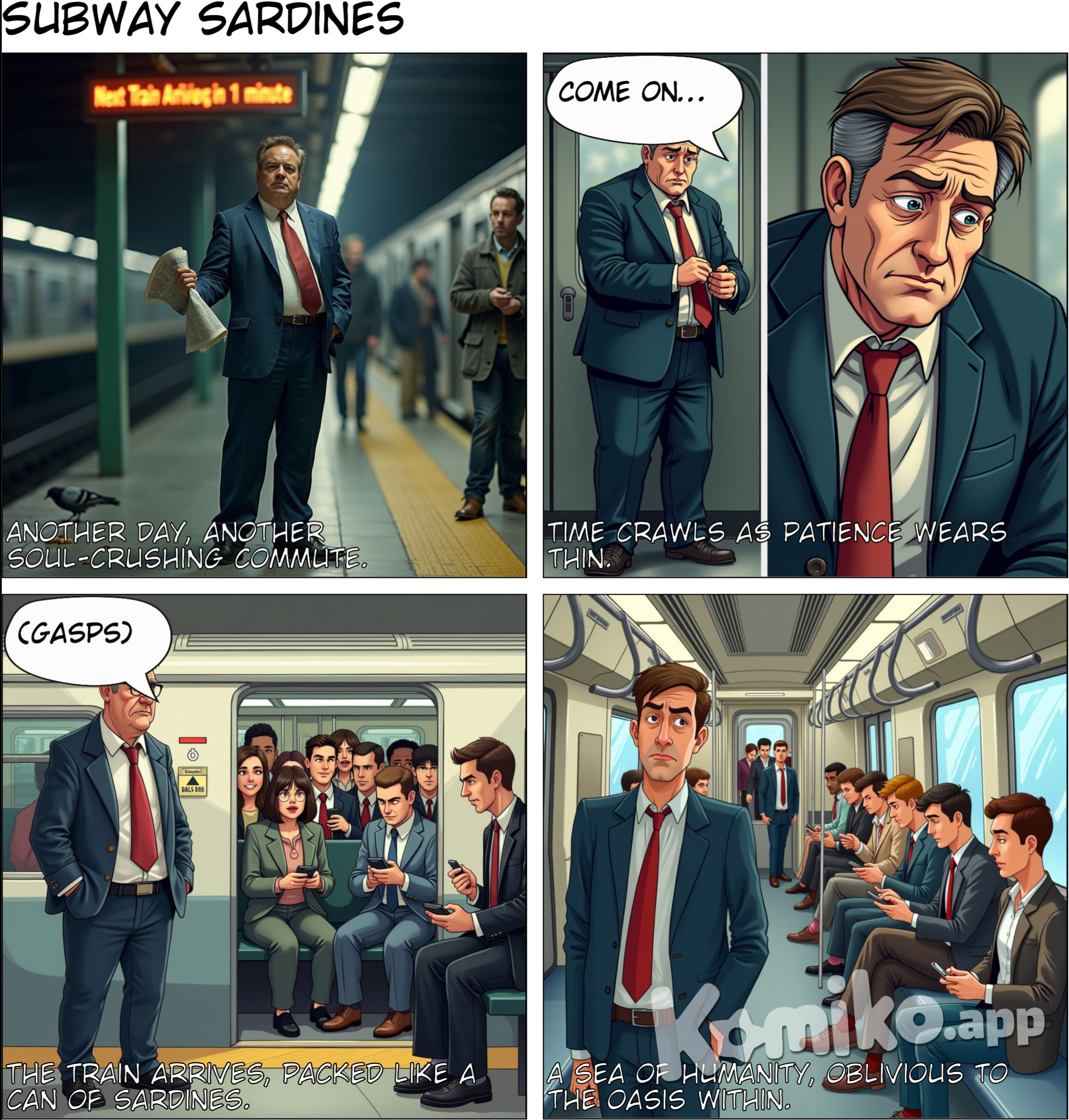 Act 1: Subway Station (The Setup) Panel 1:  The man stands on the platform, slouched with one hand holding a limp newspaper or phone, the other in his pocket. His face is blank, almost apathetic. A sign above reads: “Next Train Arriving in 1 minute,” offering some glimmer of hope. The overhead light flickers ominously, casting brief moments of dull brightness and shadow on his face, deepening the monotony. In the background, add minor details like a pigeon pecking at trash or other commuters, equally bored, to enhance the mundane setting. Panel 2:  Close-up on the man checking his phone or watch, letting out a big sigh, lips barely moving as he mutters, "Come on...". The speech bubble could be small, almost trailing off, to convey how drained he is. Maybe have him slightly rolling his eyes or shifting his weight impatiently to give a sense of his rising frustration. Act 2: The Full Subway (The Problem) Panel 3:  The train arrives with a loud ding, the doors opening to reveal an absurdly packed car. His face contorts into disbelief—mouth open, eyes wide, his eyebrows raised, stunned at the sight. For comedic effect, have someone’s squished face or palm pressed flat against the glass of the door. The scene should exaggerate how impossibly crowded it looks, despite it being the man's only option. Panel 4:  The man tilts his head, squinting and leaning sideways, trying to peek around the crowd. His hopeful expression falls as he realizes there’s no way in. Meanwhile, the crowd inside is glued to their phones, oblivious to the outside world, adding to the absurdity. Some are casually chatting, acting as if they’re in no rush or discomfort. Act 3: Inside the Subway (The Punchline) Panel 5:  Change the perspective to the interior of the subway. From here, we see there’s plenty of space further inside. A couple of empty seats and lots of room for standing are completely ignored by those crowding around the door. This reveal amplifies the absurdity, as the packed mass near the door is now shown to be completely unnecessary. Panel 6:  Zoom out to show the scene from a distance: the people near the door are still fixated on their phones, totally oblivious to the available space. The man stands outside, his face even more confused and frustrated, his expression exaggerated with a big question mark above his head. This wide shot drives home the punchline, with the absurd behavior of commuters fully visible.