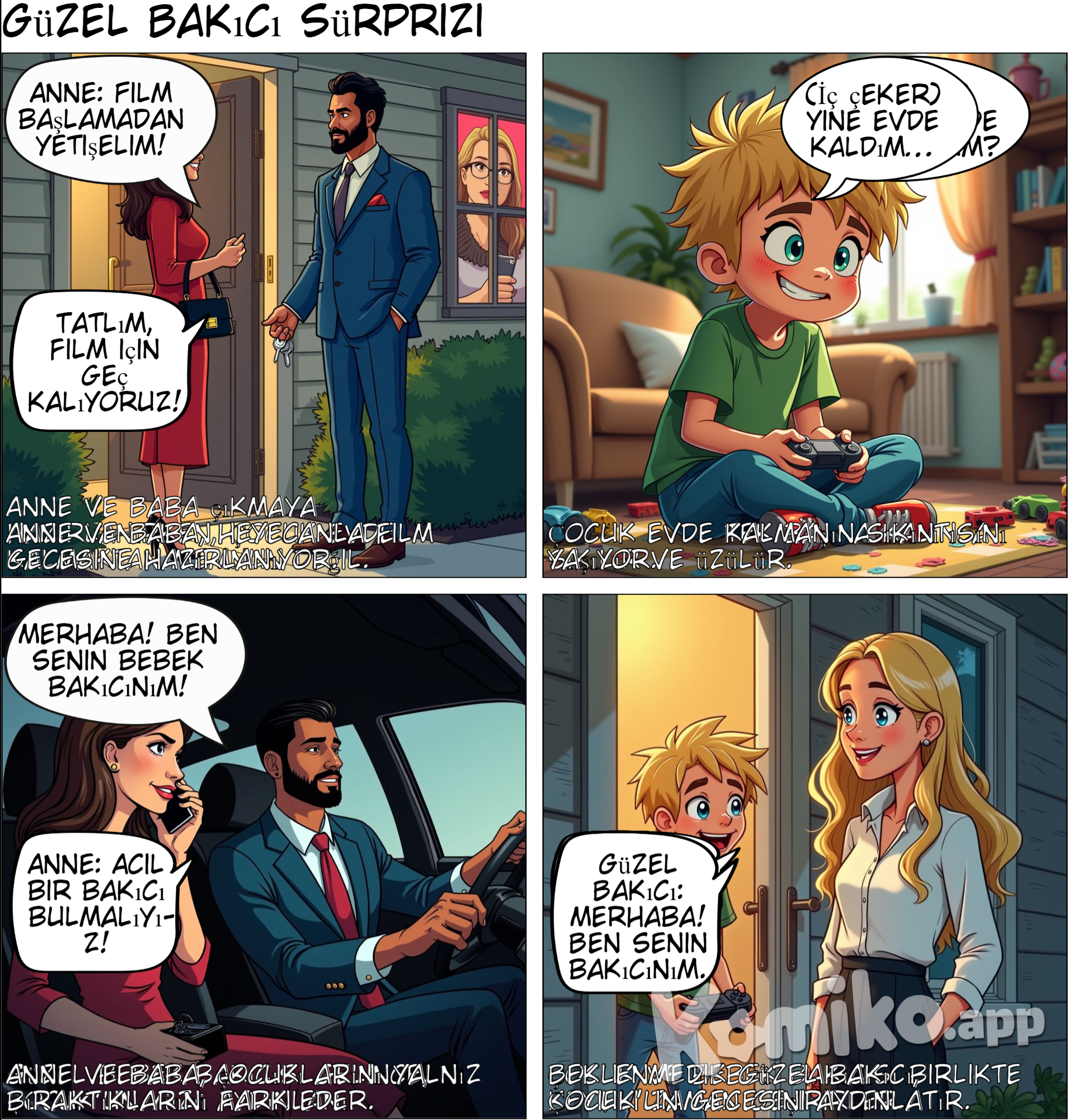 fırst the Mother and the father go to watch a movie and let the Child at home then the call a babasitter to watch there son and the babysitter was butiful