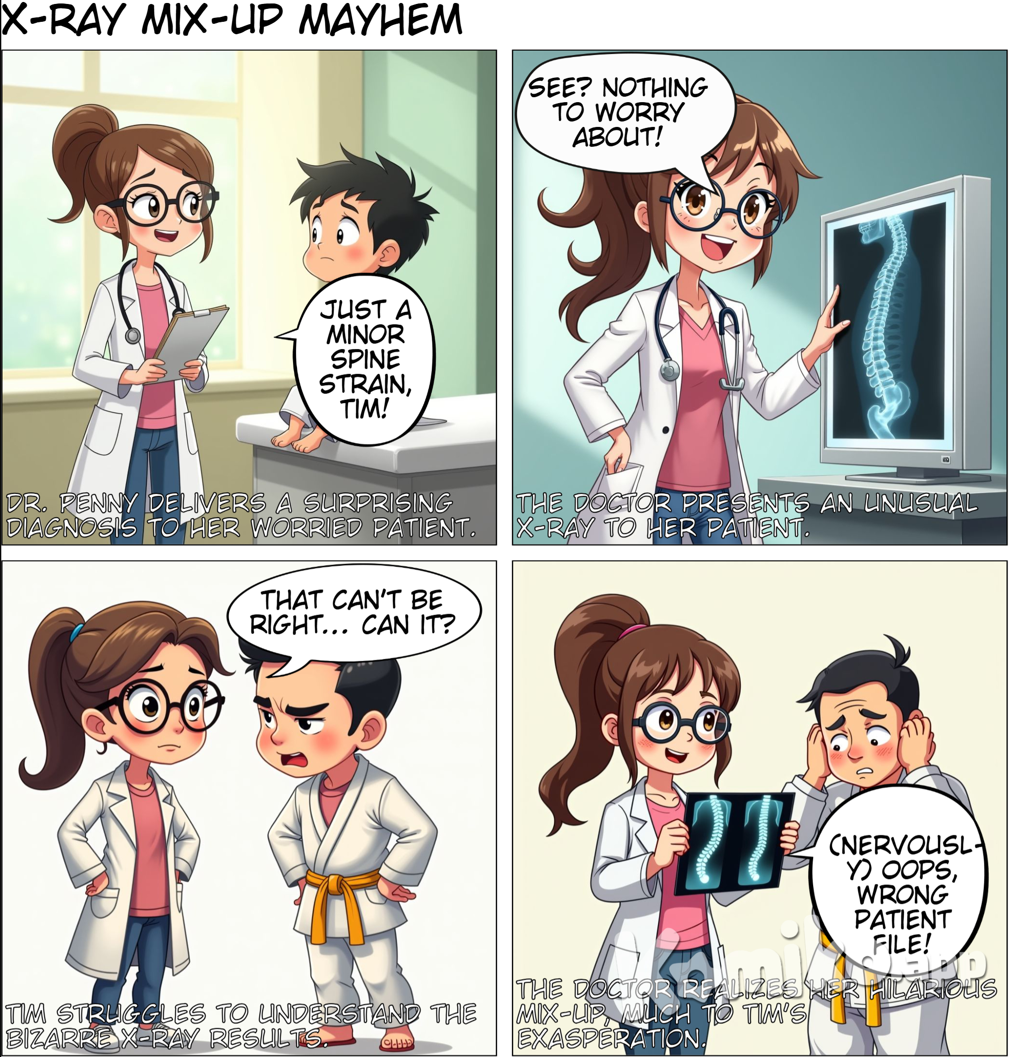 A doctor, a girl with brown hair who is ponytailed has pink shirt underneath, has jeans for bottoms, and has eyeglasses told to his patient a guy who is wearing taekwondo clothes with yellow belt, that there is only a minor strain in his spine. The doctor then compared a photo of an x-ray from an mri scan and ask the guy about their difference.  make in chibi artform