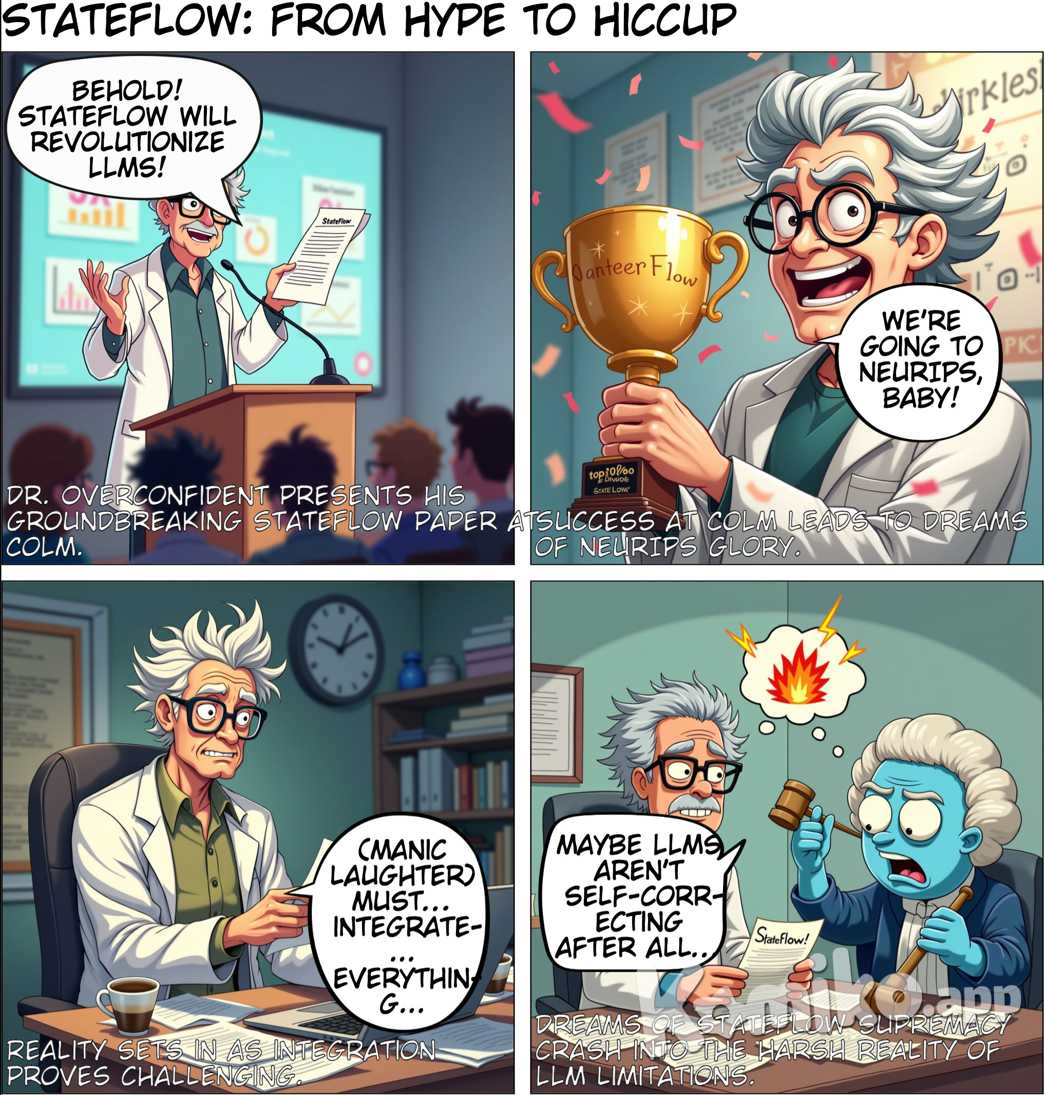 The user's paper has been accepted to CoLM, a new NeurIPS-level conference for LLMs. The paper introduces **StateFlow**, a framework to control LLMs for complex tasks with 5x cost reduction compared to ReAct on ALFWorld, while achieving significant performance improvements. Key points include:  1. **Cost Reduction**: StateFlow decomposes tasks into sub-prompts, reducing token usage and improving accuracy. 2. **Improved Task-Solving**: By treating complex tasks as state machines, it separates task grounding (states) from sub-task solving (actions), improving LLM reasoning. 3. **Self-Correction**: Though the "Verify" state increases success rates, its impact is limited, showing that while LLMs aren't yet self-correcting, StateFlow helps. 4. **Future Enhancements**: Combining StateFlow with iterative refining methods like Reflexion or adding active learning could further boost performance.  StateFlow is already integrated with PyAutoGen, receiving positive feedback for its noticeable performance improvements. The paper scored in the top 10% at CoLM.