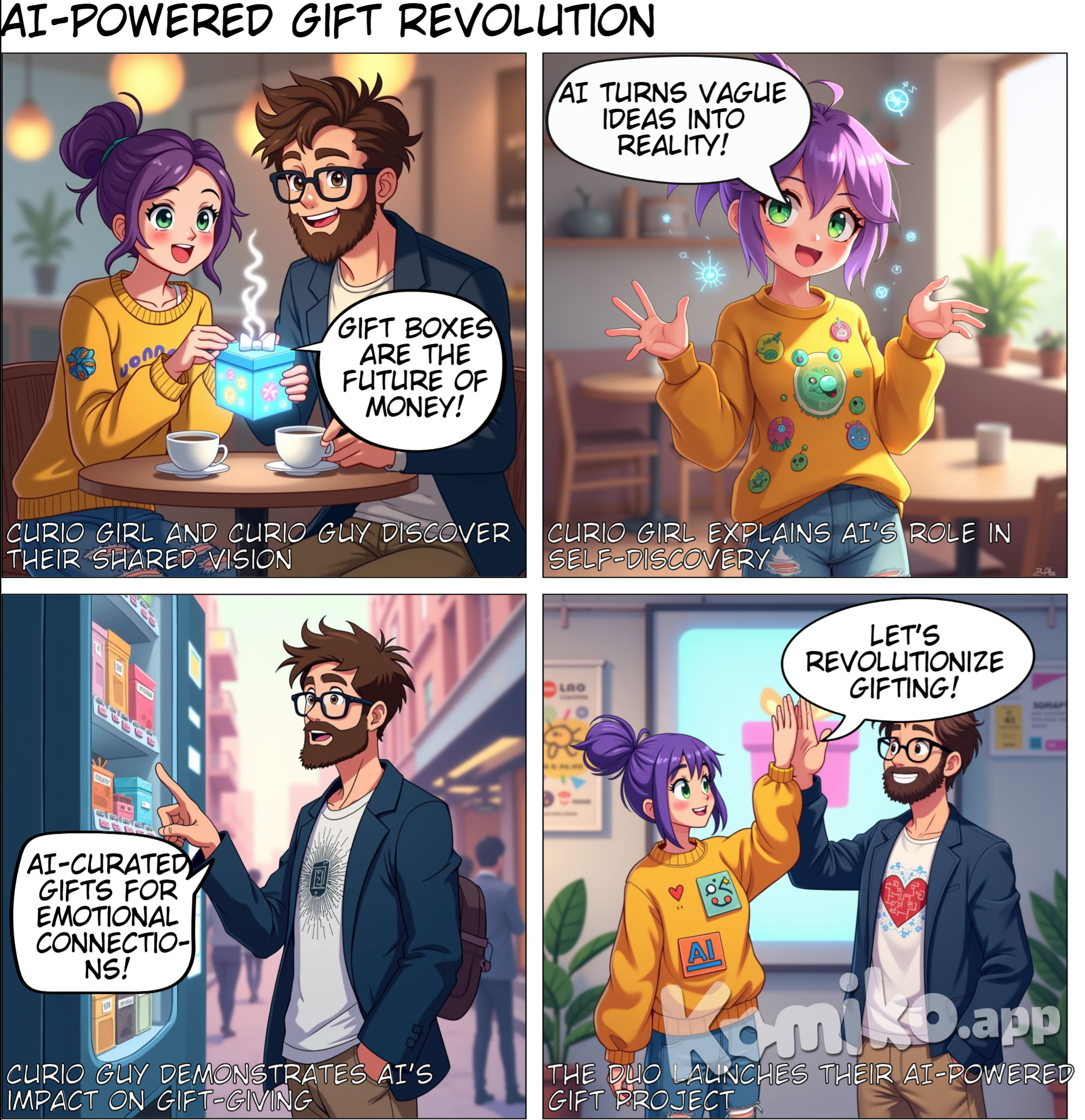 <CurioGirl-d4x6>, <CurioGuy-1gyg>, {Curio Girl} and {Curio Guy} meet each other and they found it very profoundly interesting that they share the same understanding of the much more important role of gift box in today and near future's ways to exchange money. They had a conversation talking about their importance of self discovery in this new world by having AI as a presentation habit from any vague ideas to specific manifestation. They also and a conversation of talking about AI getting more involved in making decisions for people's extracted view of buying combination of goods especially to serve emotional connectivities with other people and AIGC getting things done by making the combination of goods more personalized by its look and design. They reached a consensus that they would like to start a project together to change both consumers and goods makers' perception by showing much less exchange of money energy and having more happiness in a sustainable manner.