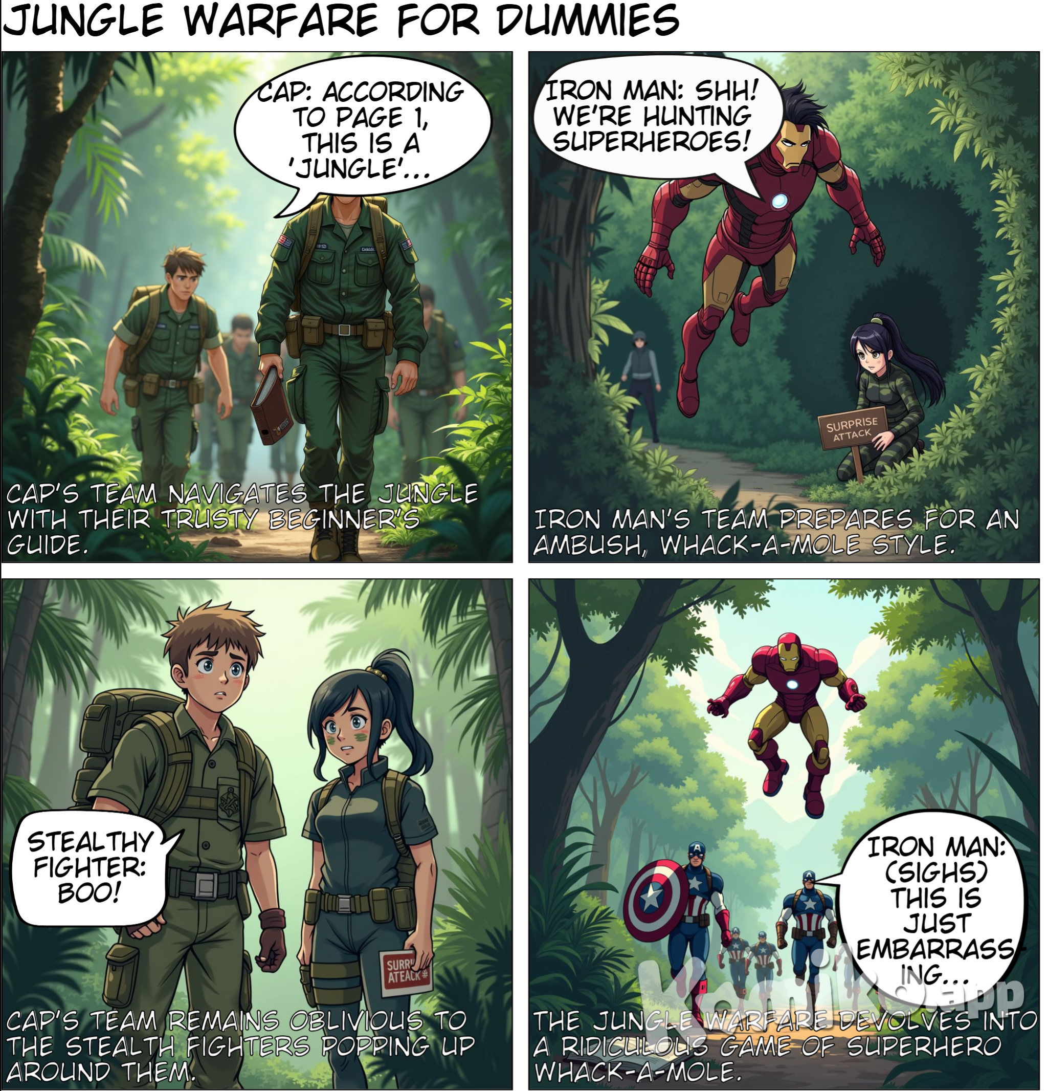 *Panel 1:* Cap’s soldiers stumble through the jungle, sweating and holding a giant *‘Guide to Jungles for Beginners’* book.  *Panel 2:* Iron Man’s team of stealthy fighters hide in bushes and makeshift tunnels, holding little “Surprise Attack” signs, ready to pounce.  *Narration Box:*   "Turns out, the jungle was a *tricky place.* Iron Man’s pals kept hiding and popping up like whack-a-mole! Cap’s soldiers had no clue where to go."