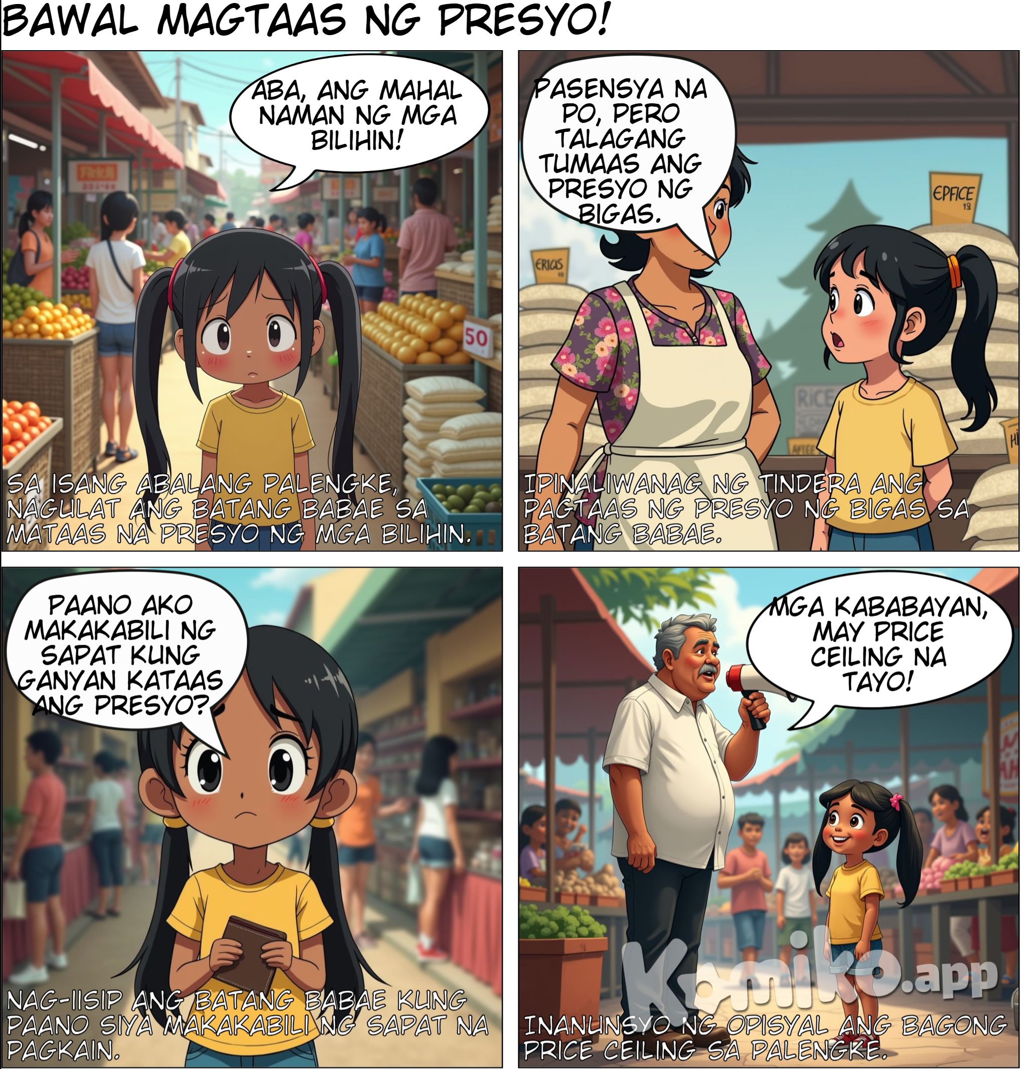 Title ng Komiks: Bawal Magtaas ng Presyo! Page 1: Panel 1:  Scene: Isang abalang palengke. Makikita ang maraming tao at mga produkto na may mataas na presyo. Ang mga mamimili ay mukhang naguguluhan at nag-aalala. Dialogue (Bata): "Aba, ang mahal naman ng mga bilihin! Paano na ang mga pagkain namin?"  Panel 2:  Scene: Isang tindera na may biniling bigas na may mataas na presyo at nakatingin ng malungkot sa mamimili. Dialogue (Tindera): "Pasensya na po, pero talagang tumaas ang presyo ng bigas." Panel 3:  Scene: Ang batang babae ay nag-iisip at mukhang naiinis, hawak ang kanyang wallet. Dialogue (Bata): "Paano ako makakabili ng sapat kung ganyan kataas ang presyo?"  Page 2: Panel 4:  Scene: Isang opisyal ng pamahalaan na may megaphone, tumatayo sa isang elevated platform sa harap ng mga mamimili sa palengke. Dialogue ng Opisyal: "Mga kababayan, maPanel 5:  Scene: Makikita ang mga mamimili na nakikinig sa announcement. Ang batang babae ay nakangiti at tila natuwa sa balita. Dialogue (Bata): "Wow! Ibig sabihin nun, hindi na tataas ang presyo!"  Panel 6:  Scene: Ang mga presyo ng mga produkto ay nakalagay na may mga label na nagsasabing "Hindi Pwedeng Tumaas." Nakikita ang ilang produkto tulad ng bigas, gulay, at isda. Dialogue (Opens at the Bottom of the Panel): "Simula ngayon, may Price Ceiling na, kaya ang mga presyo ng pangunahing bilihin ay may limitasyon na!"  Page 3: Panel 7:  Scene: Ang batang babae ay bumibili ng isda at gulay sa murang presyo. Masaya siyang naglalakad patungo sa kanto ng palengke habang may dalang mga produkto. Dialogue (Bata): "Ngayon, makakabili ako ng maraming gulay at isda nang hindi nauubos ang pera ko!"  Panel 8:  Scene: Ang tindera ay abala sa pagpapaliwanag sa isang kasamahan. Pareho silang mukhang kontento at may mga suporta mula sa gobyerno. Dialogue (Tindera): "Tama, dahil sa Price Ceiling, makakatanggap kami ng mga ayuda at hindi kami magmamagandang loob na magtaas ng presyo."  Panel 9:  Scene: Isang buod ng epekto ng Price Ceiling sa pamilihan. Ang mga mamimili at mga tindera ay mukhang masaya at maayos. Ang gobyerno ay may banner na may mensahe ng suporta sa lahat ng sektor. Dialogue ng Opisyal (Text sa ibaba ng Panel): "Ang Price Ceiling ay nakakatulong para protektahan ang mamimili at mga negosyo, at tiyak na makikinabang ang nakararami!"