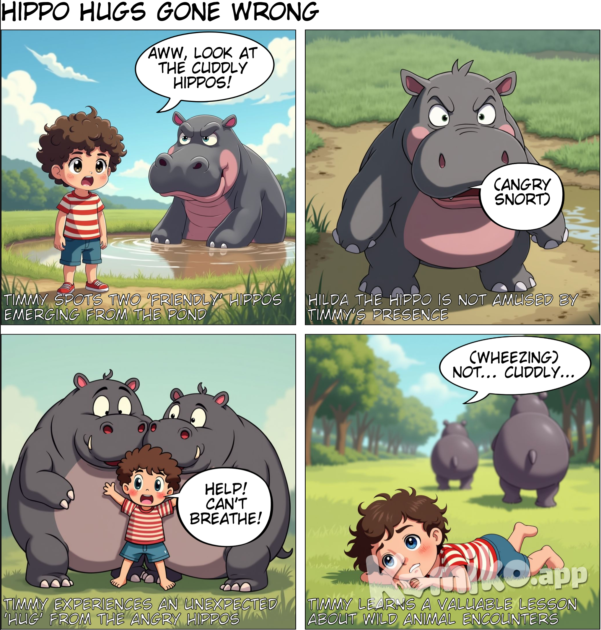 Angry hippos hug a child with their bellies