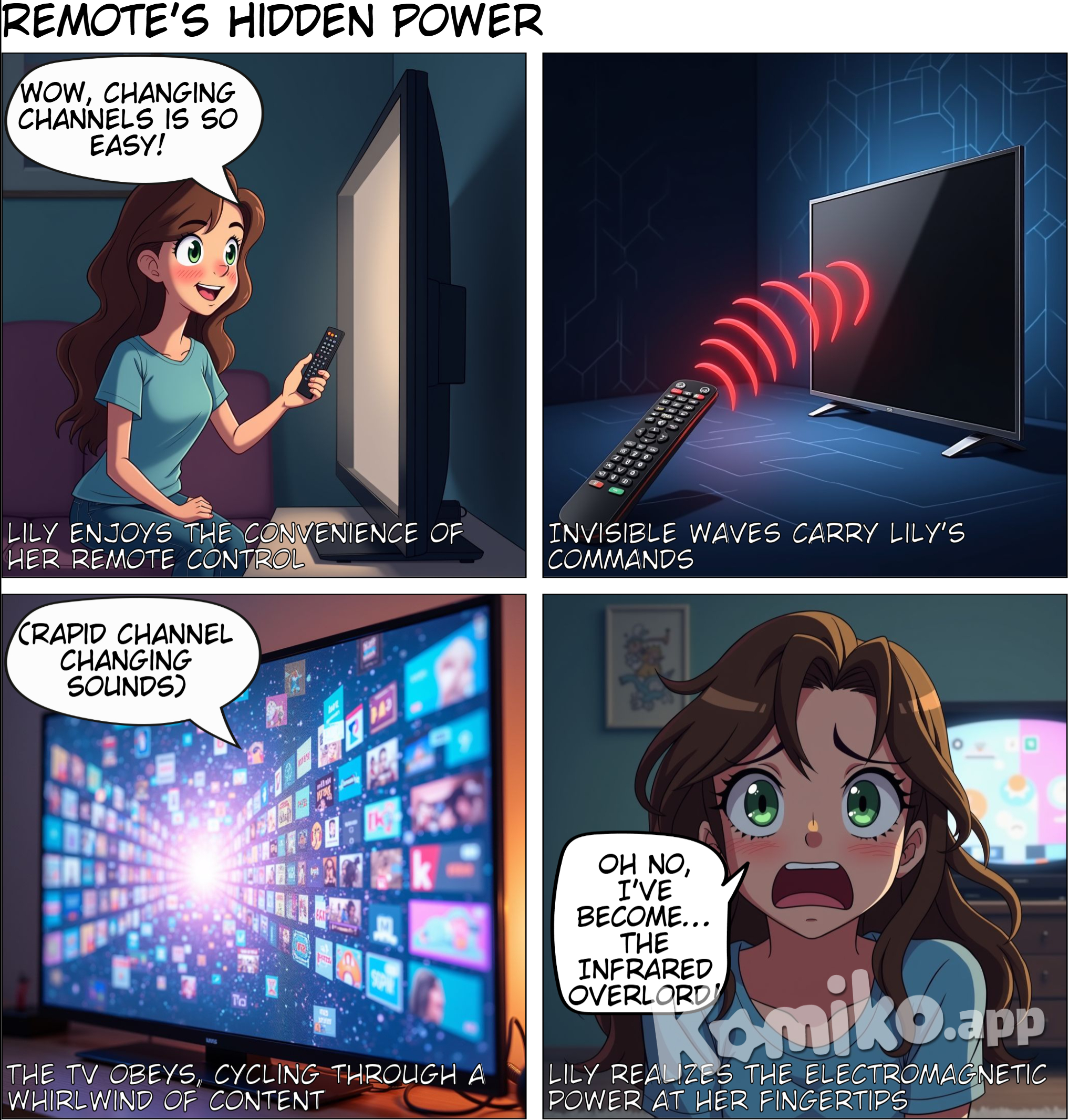 Page 3 Title: Infrared Radiation: Remote Control Panel 1: Lily is pointing a remote control at a television, changing the channel. Lily: (Smiling) It's so easy to change channels with this remote! Panel 2: A diagram showing the remote control emitting infrared light, which is detected by the television. Panel 3: A close-up of the television screen, showing the channel changing. Panel 4: Lily realizes that infrared radiation, a type of electromagnetic wave, is used to control the TV.